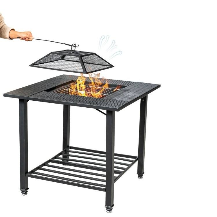 Left. SlickBlue - 4-in-1 Fire Pit – Square Design with Grill, BBQ Grate, Ice Bucket, and Dining Table - Black.