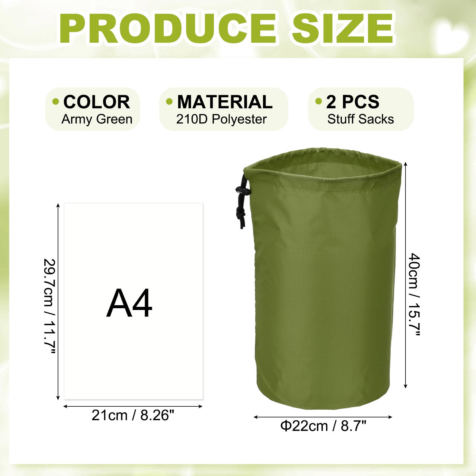 PRODUCE SIZE

- COLOR: Army Green
- MATERIAL: 210D Polyester
- 2 PCS Stuff Sacks

- A4: 21cm / 8.26"
- 29.7cm / 11.7"
- 40cm / 15.7"
- Ø22cm / 8.7"