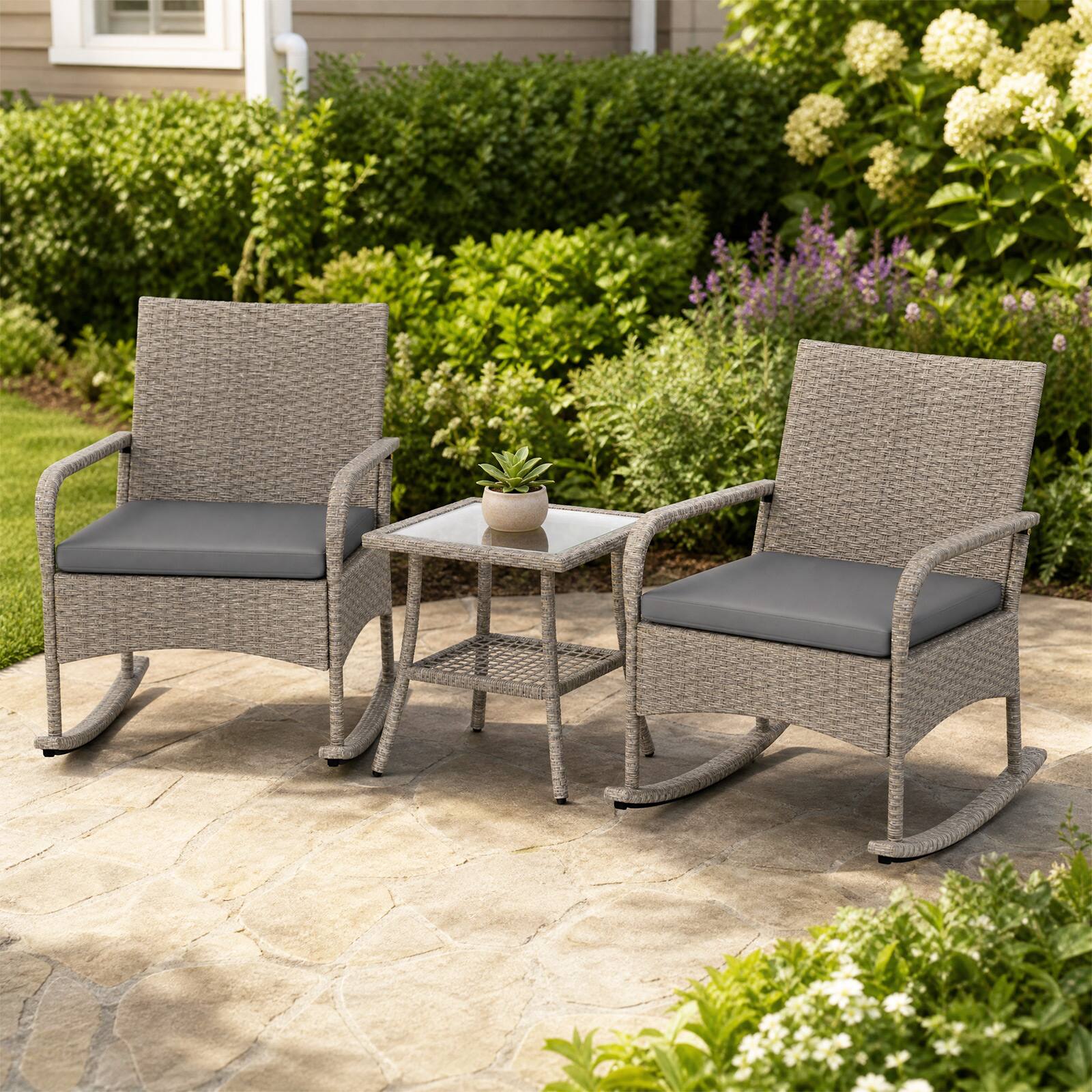 Alt View 4. Costway - Costway 3-Piece Outdoor Rocking Bistro Set with Cushions & Glass Coffee Table for Garden - Gray.