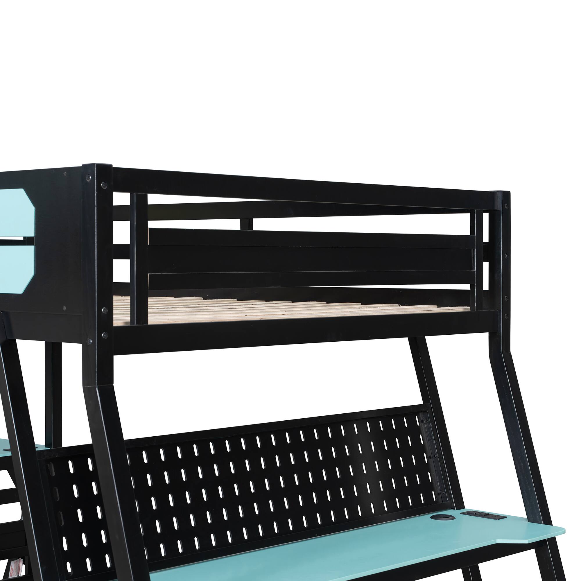 Alt View 6. Anysun - Full Size Bunk Bed with Two Built-In Gaming Desks, USB Desktop Ports & Pegboard Organizer, Gaming Bunk Frame for Gamer - Blue.