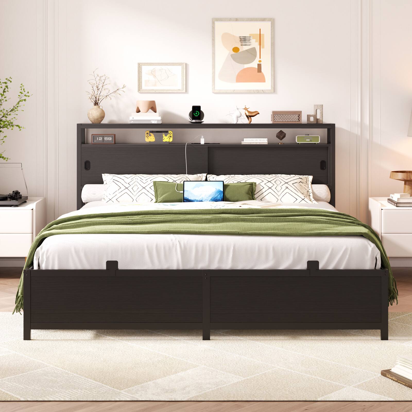 Alt View 3. Aheaplus - Queen Size Sturdy Bed Frame with Sliding Doors Headboard, Platform Bed Frame with Power Outlet & LED Light - Black.