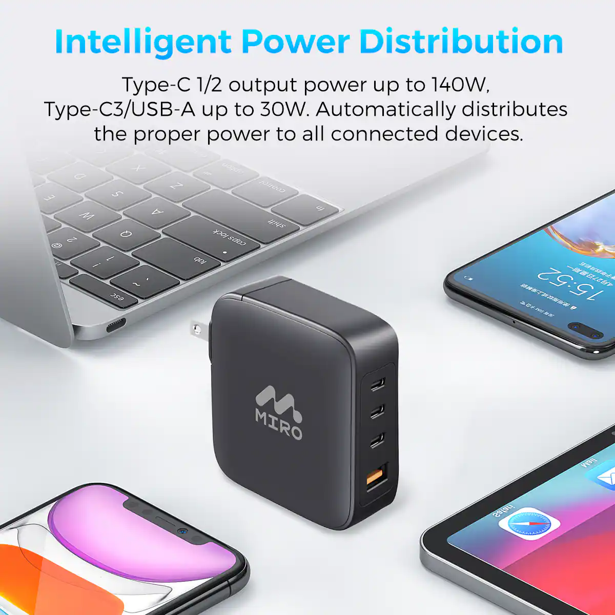 Intelligent Power Distribution
Type-C 1/2 output power up to 140W,
Type-C3/USB-A up to 30W. Automatically distributes the proper power to all connected devices.