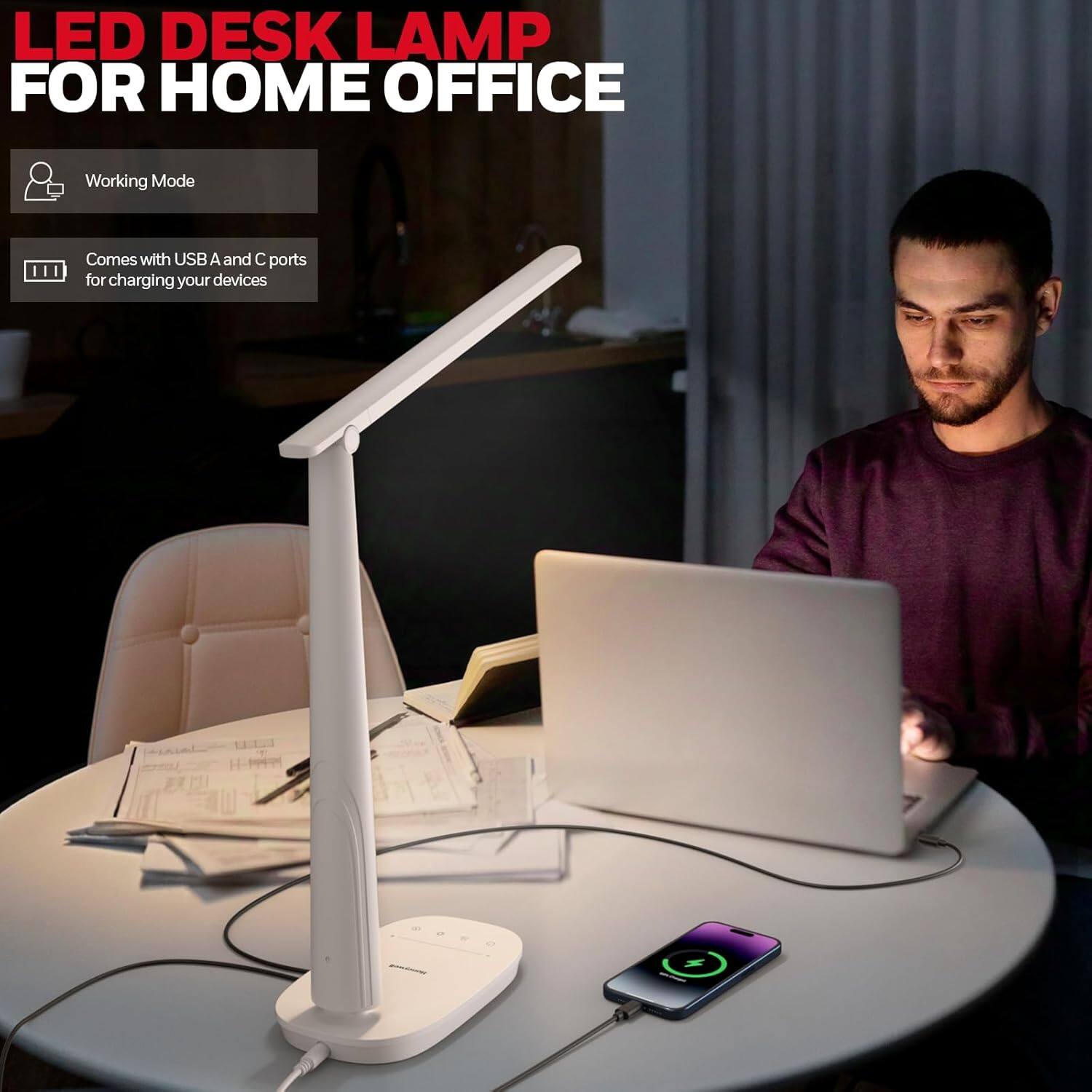 LED DESK LAMP FOR HOME OFFICE

Working Mode

Comes with USB A and C ports for charging your devices