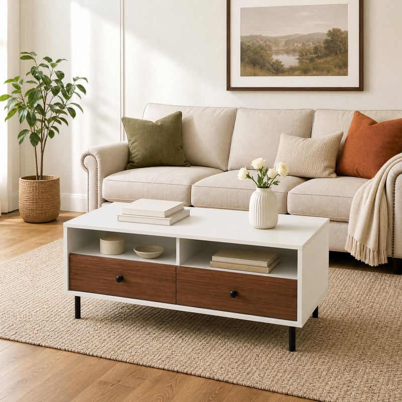 WELLFOR - 40" Rectangle Coffee Table with Storage Shelf and 2 Drawers, Modern Wood Center Table Cocktail Table for Living Room - White
