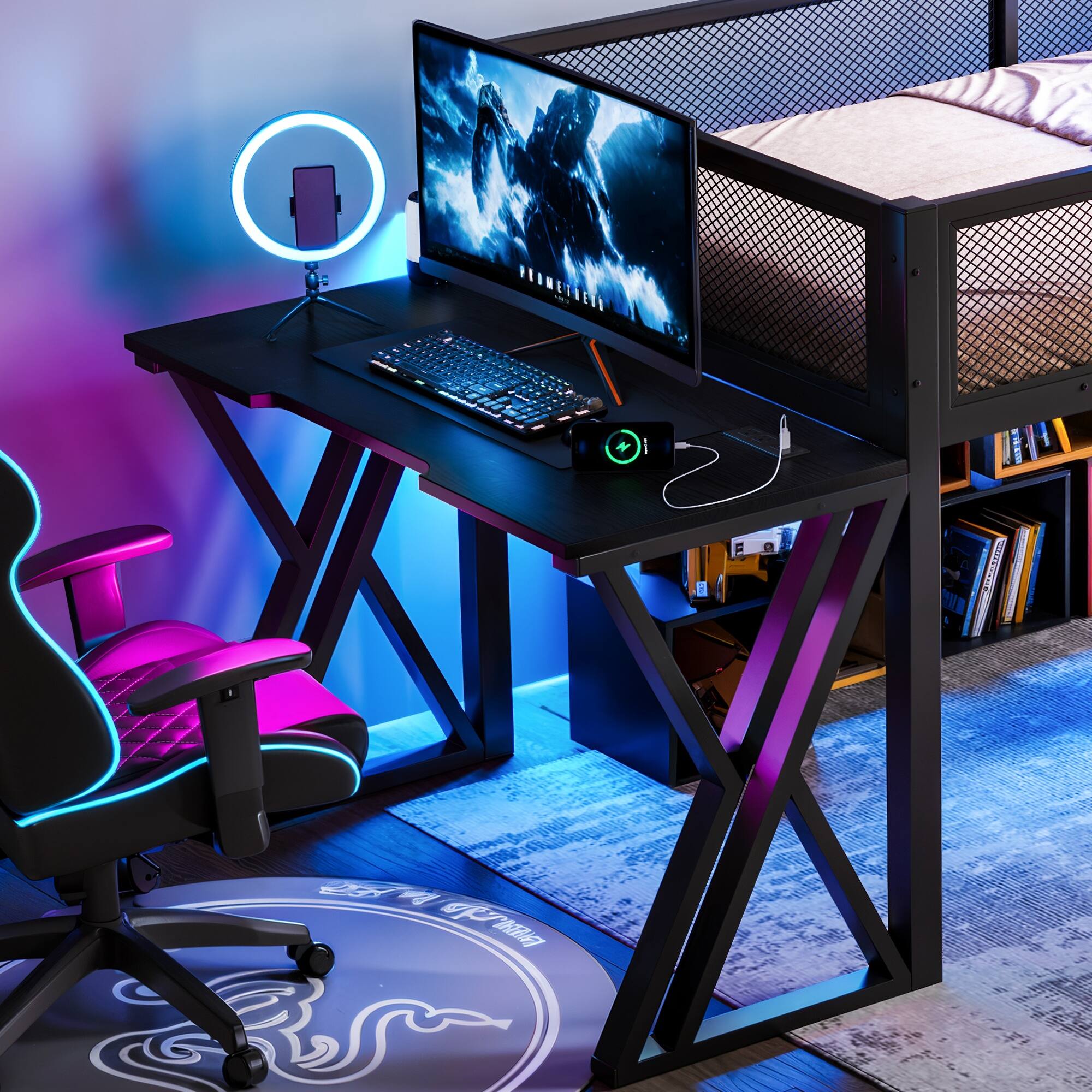 Alt View 2. Boyel Living - Twin XL Size Gaming Loft Bed with Desk of X Shaped Leg LED Lights USB Ports Staircase - Black.