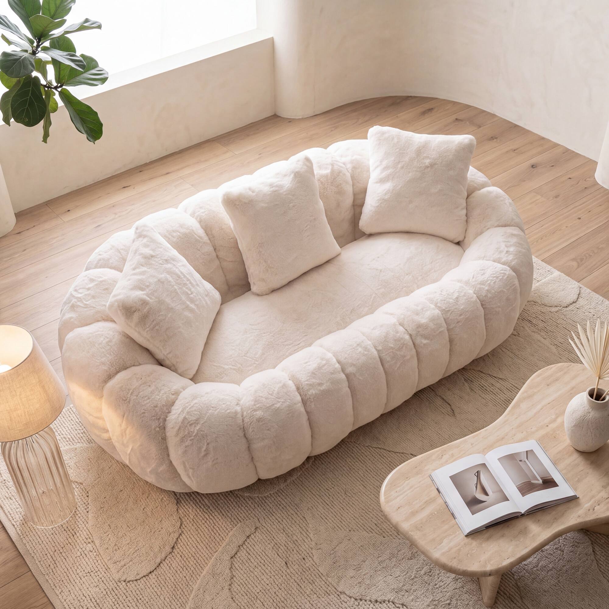 Angle. Anysun - Floral-Shaped Sofa – Ultra-Soft Faux Fur Sofa, Large Living Room Two-Seater Sofa, Two-Person Style - Beige.