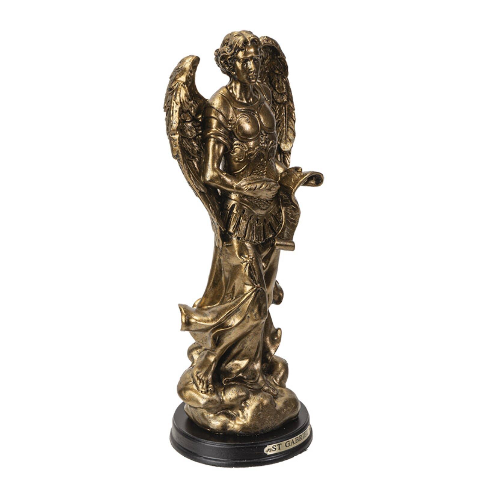 Back. Pacific Trading - St. Gabriel Archangel Messenger from God Figurine 8 Inch Tall Wooden Base with Brass Name Plate - Bronze.