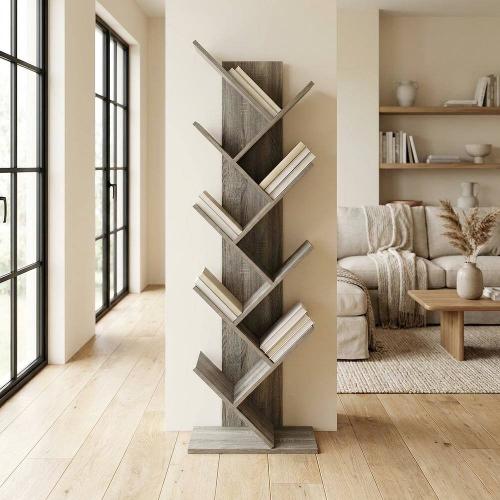 Left. FurniFact - Engineered Wood 9-Tier Bookcase with French Oak Finish for Living Room Storage - French Oak.
