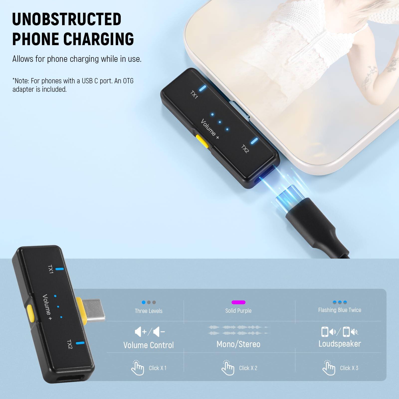 UNOBSTRUCTED PHONE CHARGING  
Allows for phone charging while in use.  
*Note: For phones with a USB C port. An OTG adapter is included.

TX1 Volume + TX2  
Three Levels + / Volume Control  
Solid Purple Mono/Stereo  
Flashing Blue Twice Loudspeaker  
Click X 1  
Click X 2  
Click X 3