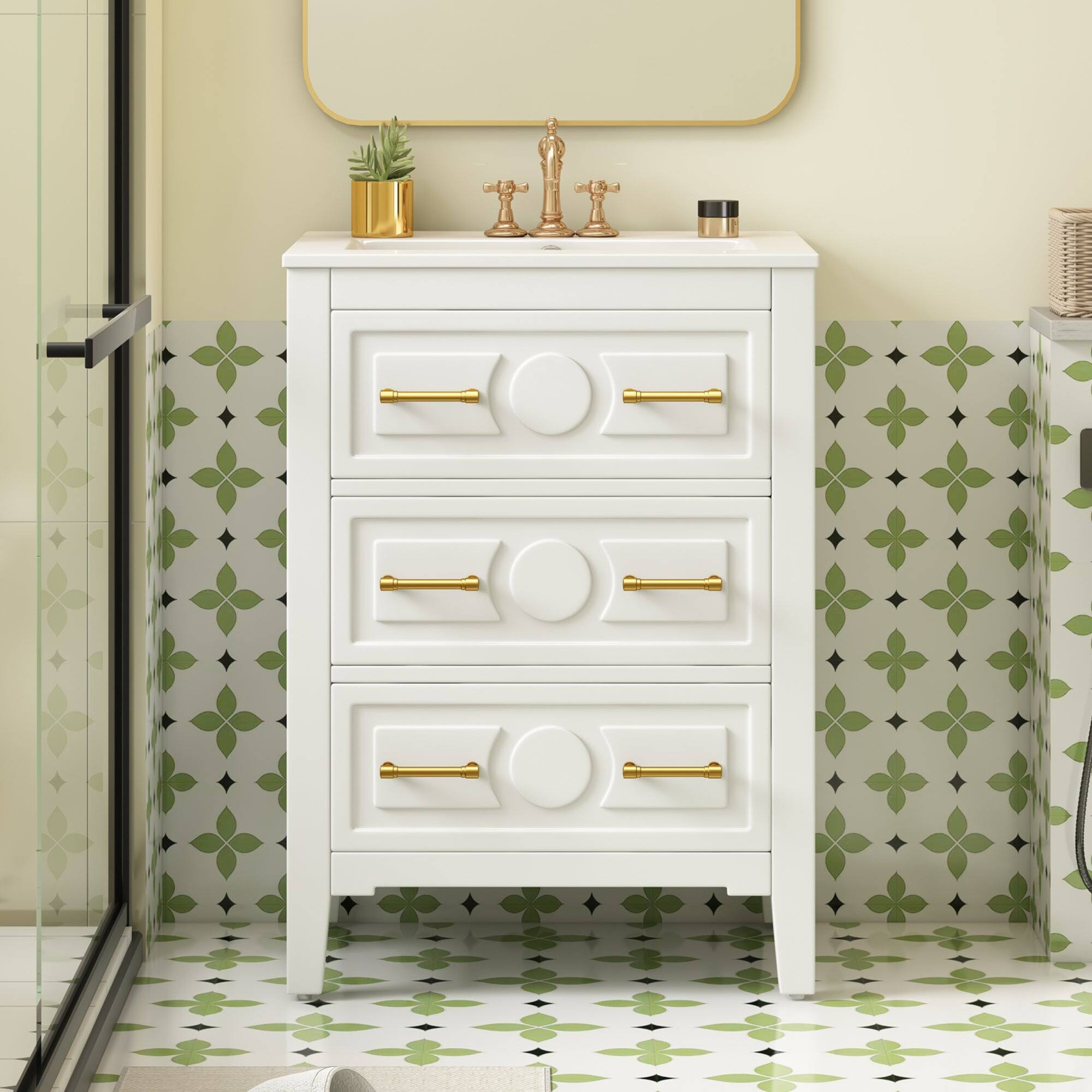 Alt View 1. Boyel Living - 24 Inch Retro Bathroom Vanity with Ceramic Sink and Three Drawers White - White.