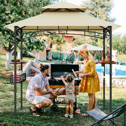 Front. Mondawe - 8 x 5 FT Freestanding Grill Gazebo with 2 Shelves and 10 Hooks - Beige.