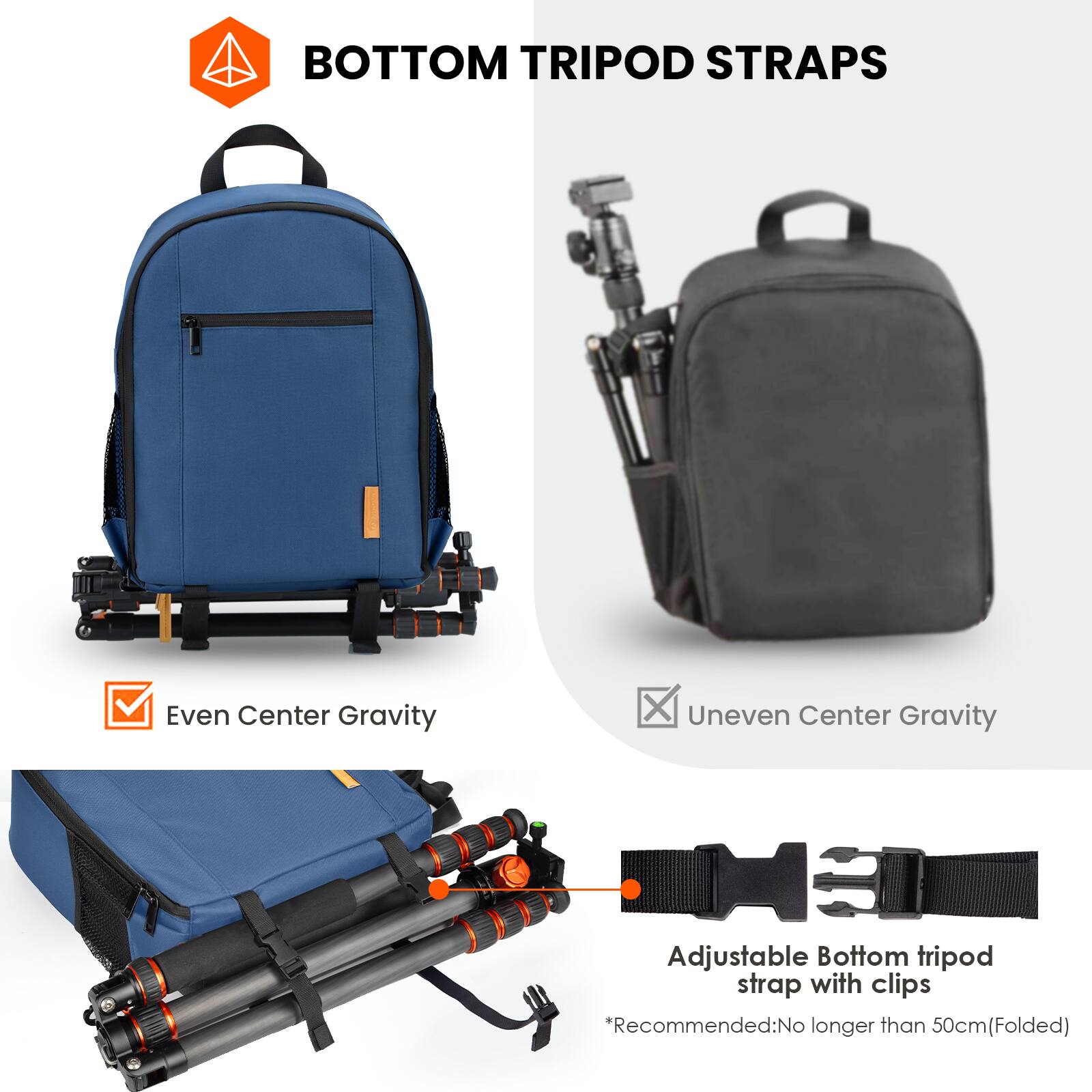 BOTTOM TRIPOD STRAPS

Even Center Gravity

Uneven Center Gravity

Adjustable Bottom tripod strap with clips

*Recommended: No longer than 50cm (Folded)