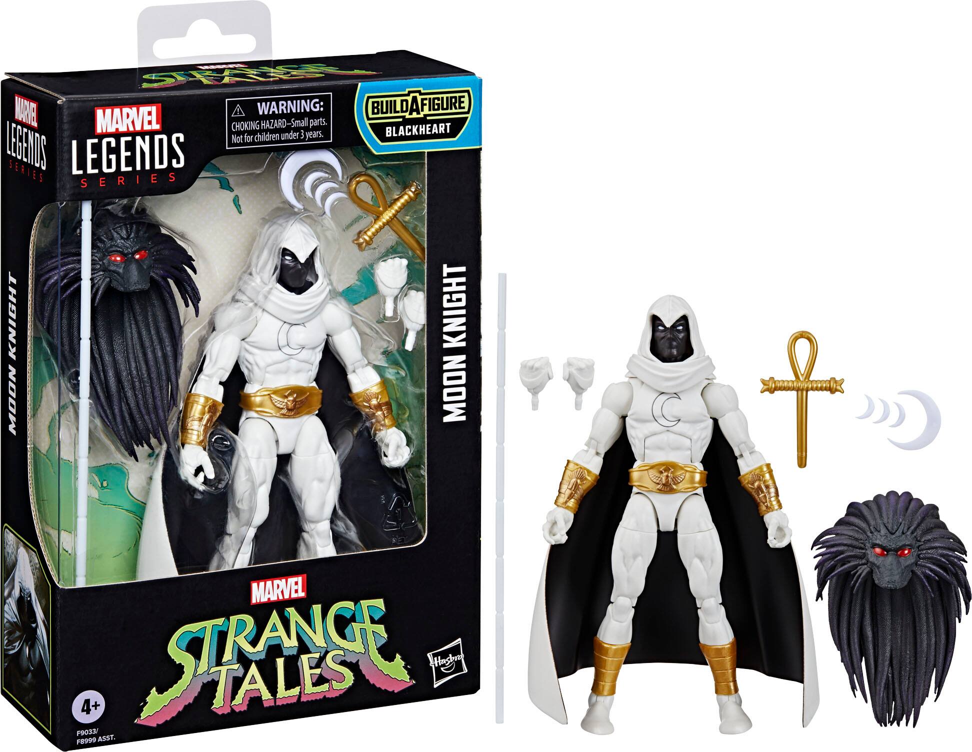 The text on the image is grouped and corrected as follows:

- Warning: Build-a-figure. Build Marvel Legends. Choking hazard - small parts.
- Blackheart not for children under 3 years.
- Marvel Legends Series.
- Knight Moon Knight.
- Not for children under 3 years.
- Assortment.