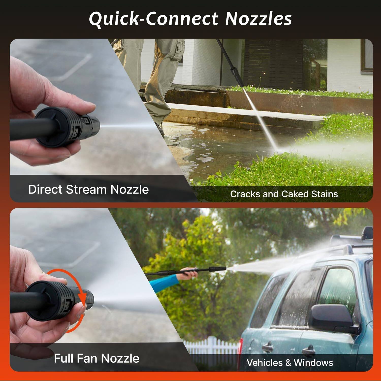 Quick-Connect Nozzles

- Direct Stream Nozzle
- Cracks and Caked Stains
- Full Fan Nozzle
- Vehicles & Windows