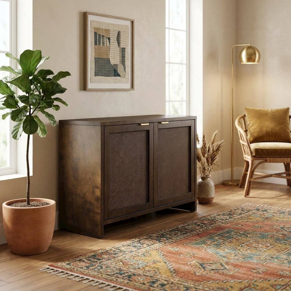 Alt View 5. FurniFact - Brown Record Player Cabinet with Wicker Accents - Dark Brown.