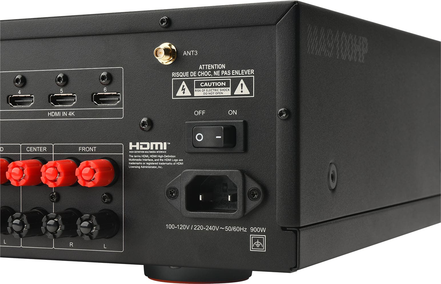 The text on the image reads:
4 5 6 ANT3 ATTENTION RISQUE DE C, NE PAS ENLEVER CAUTION RISK O FLECTRIC SHOCK ! DO NOT OPEN MARAWHR HDMI IN 4K OFF ON D CENTER FRONT HDMI -ST WA INTERFACE The lerms HDMI, HDMI High-Definition Mutimedia interlace, and the HOMI Logo are trademarks or registered trademarks of HDMI Licensing Administrator, Inc. - 40091S 100-120V/220-240V~50/60Hz 100-120V / 220-240V 50/60Hz 900W L R L