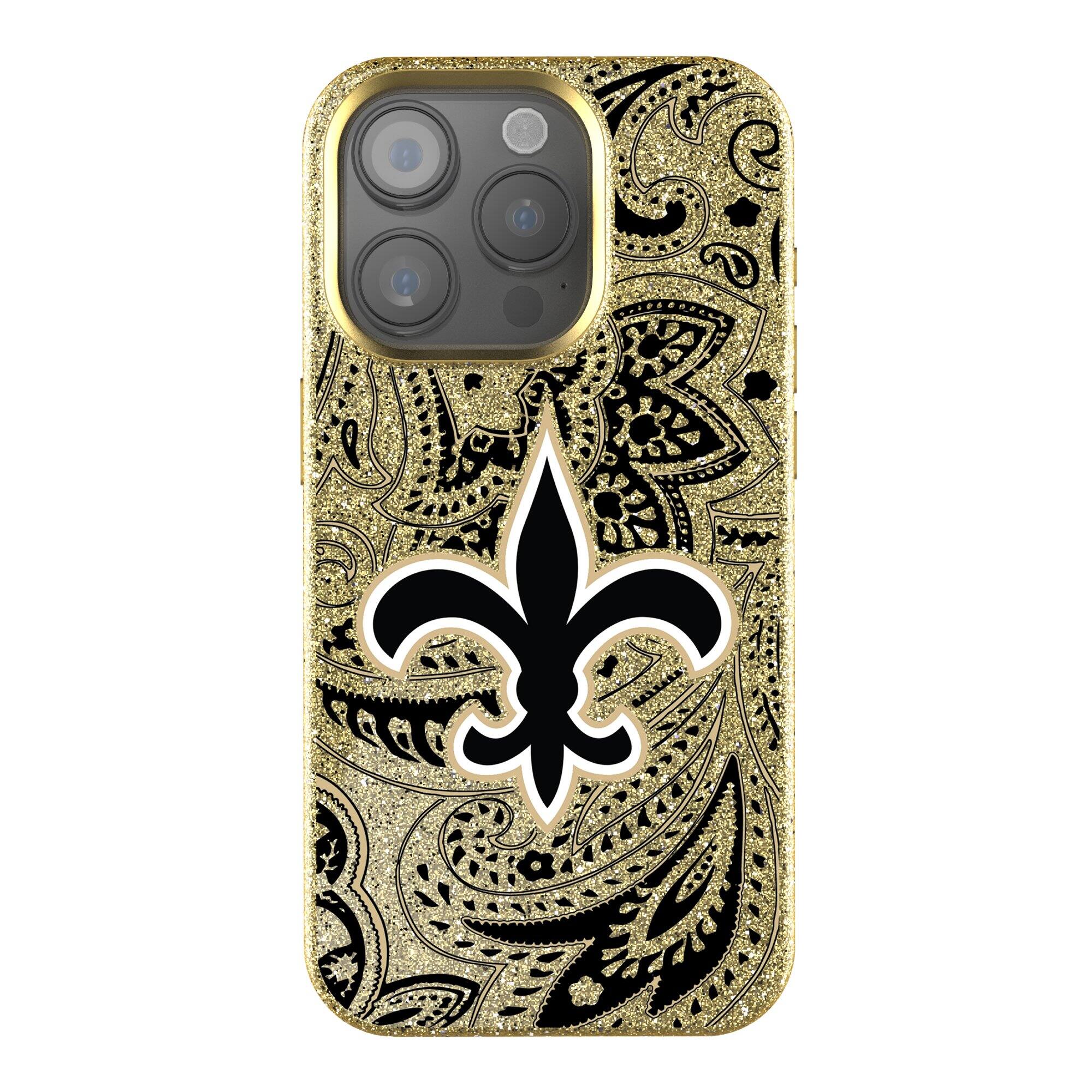 Front. Keyscaper - New Orleans Saints Paisley Bling iPhone Case - 15 Pro - Gold.