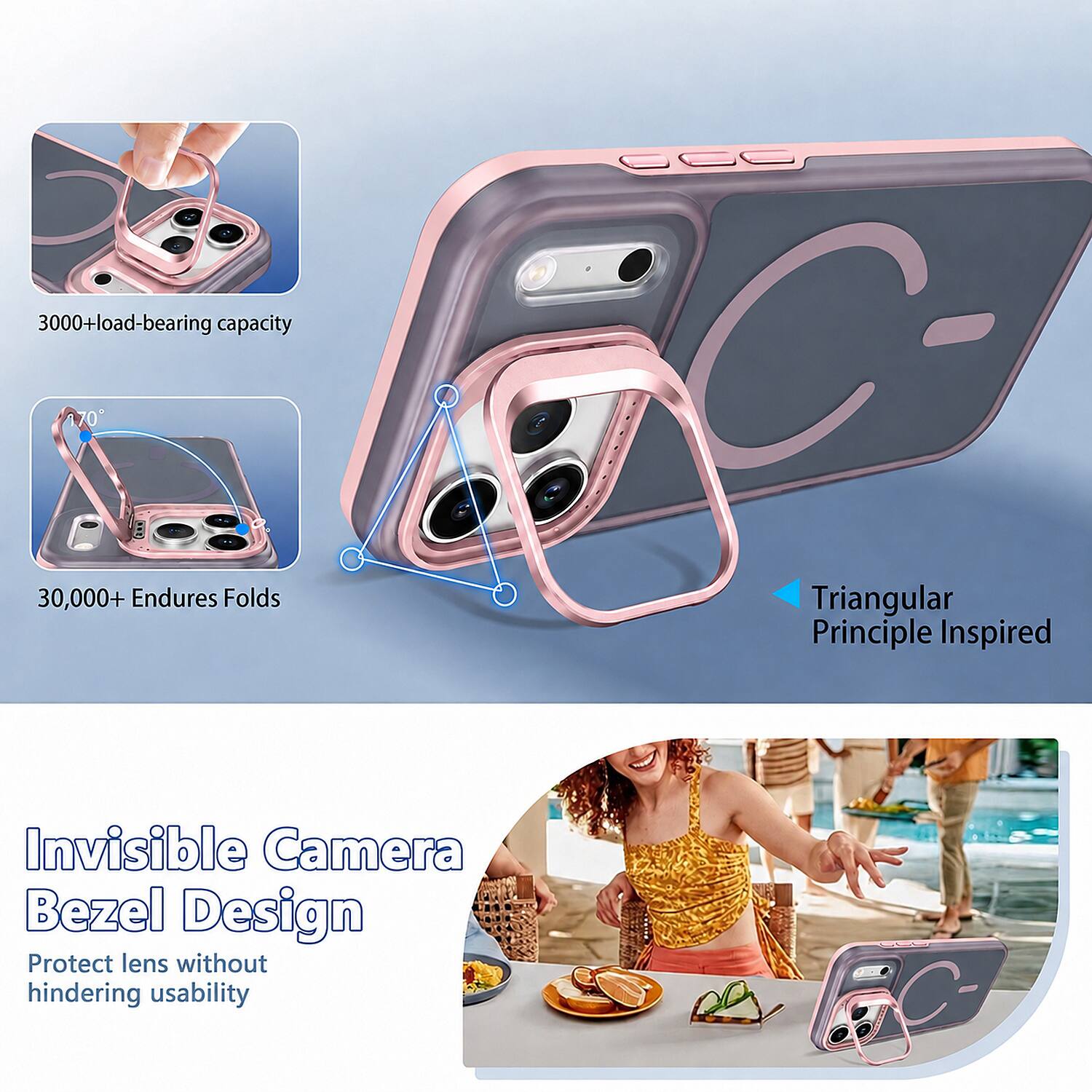3000+ load-bearing capacity  
30,000+ Endures Folds  
Triangular Principle Inspired  
Invisible Camera Bezel Design Protect lens without hindering usability