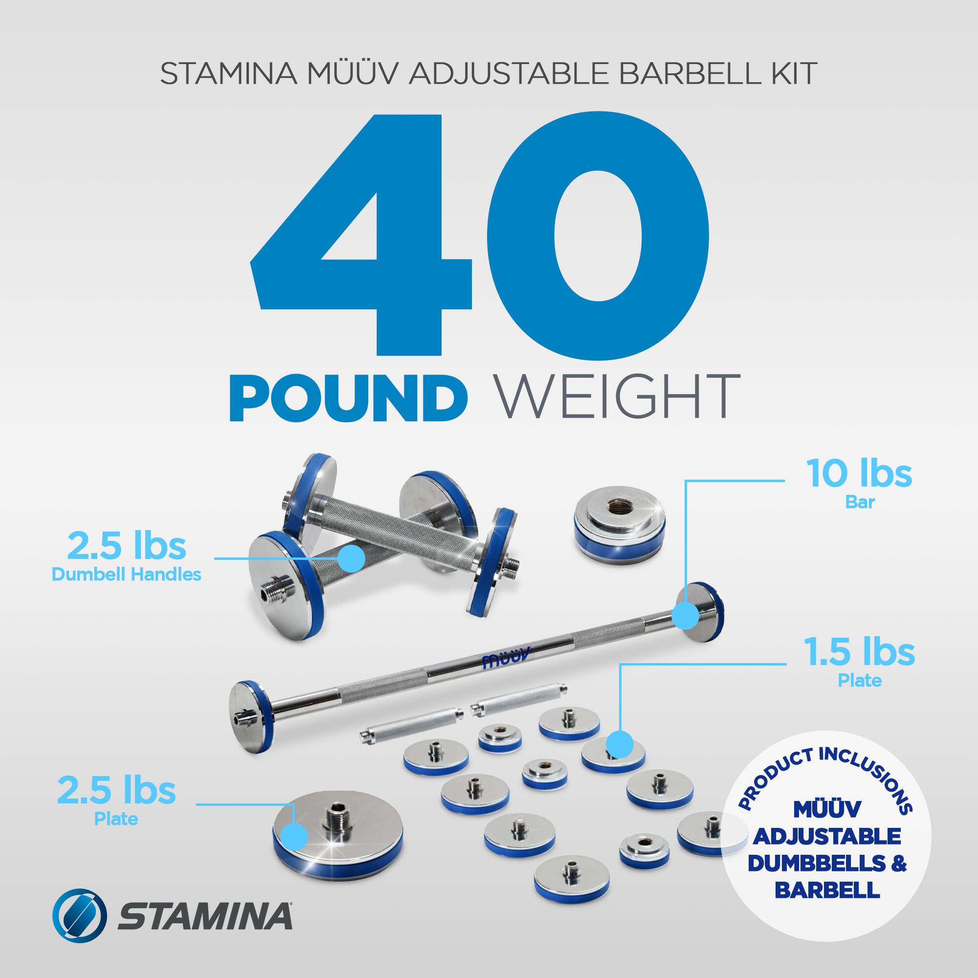 STAMINA MÜÜV ADJUSTABLE BARBELL KIT  
40 POUND WEIGHT  

- 10 lbs Bar  
- 2.5 lbs Dumbbell Handles  
- 2.5 lbs Plate  
- 1.5 lbs Plate  

PRODUCT INCLUSIONS:  
ADJUSTABLE DUMBBELLS & BARBELL