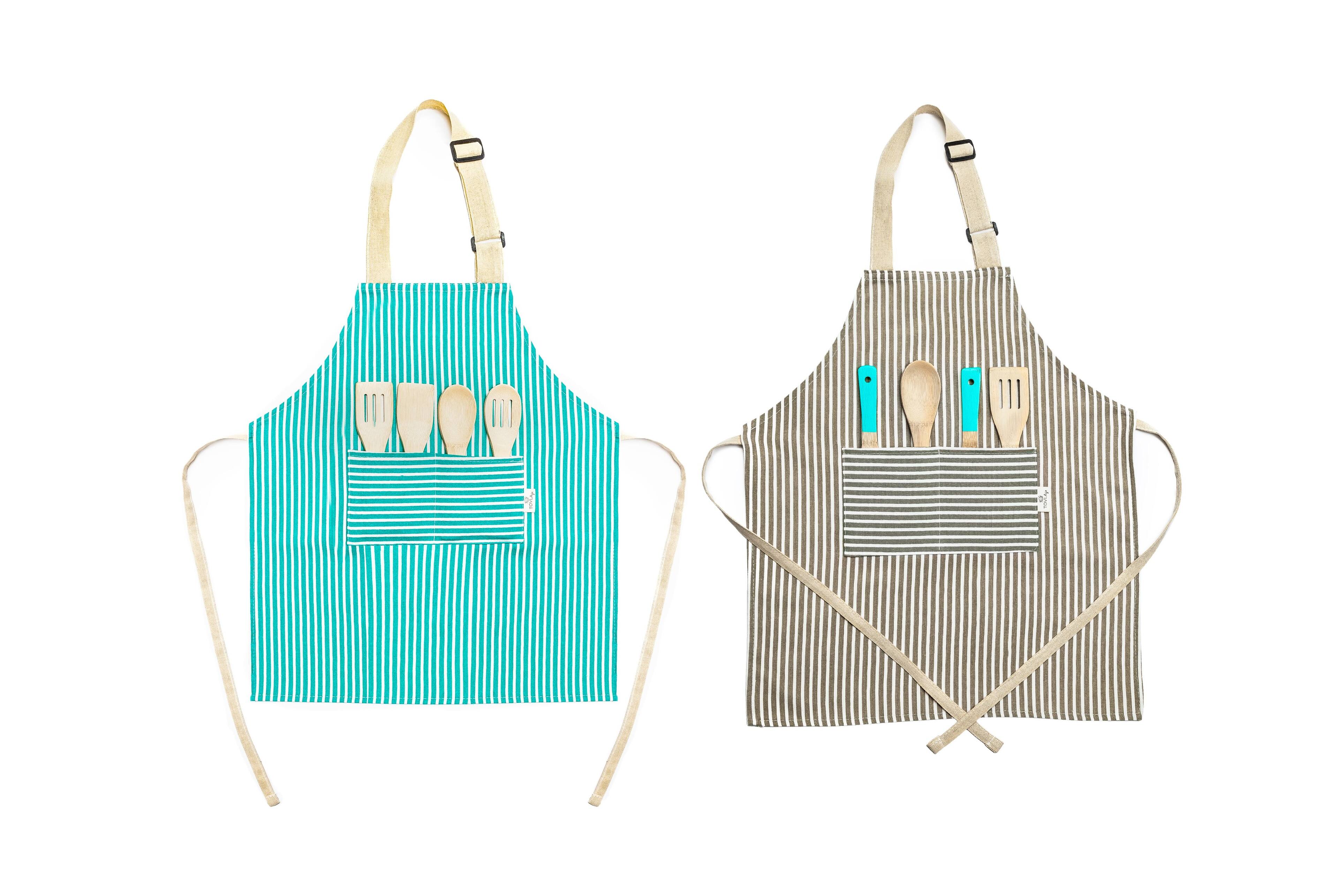 Alt View 6. Tovla Jr - Apron Gift Set for Kids - Baking and cooking with Pocket for Boys and Girls - Striped Print - Striped.