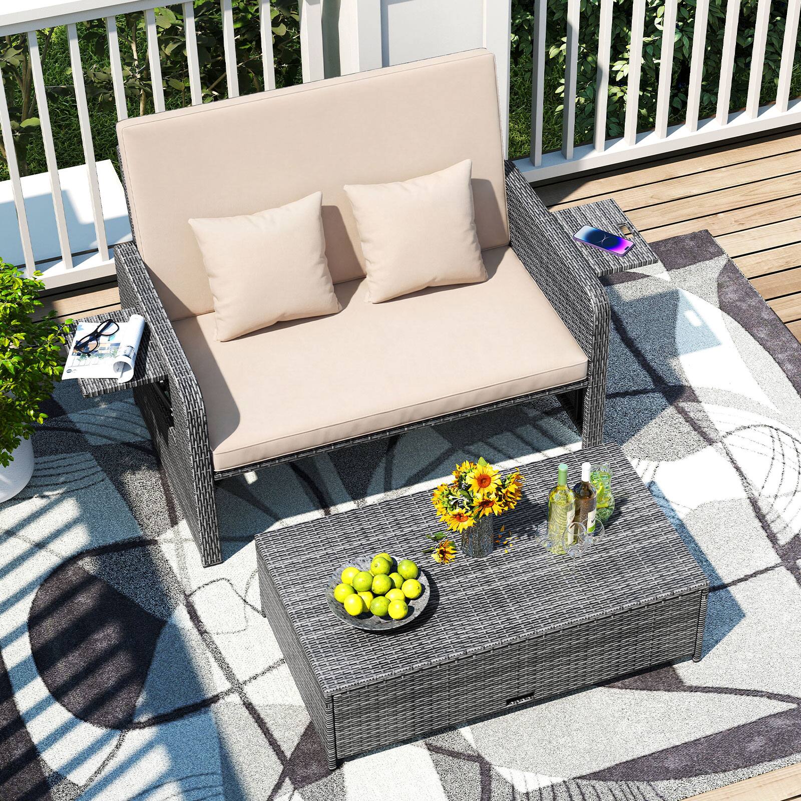 Alt View 1. Gymax - Gymax Rattan Daybed Wicker Loveseat Sofa Set w/ Ottoman & Retractable Side Tray Patio Brown - Brown.