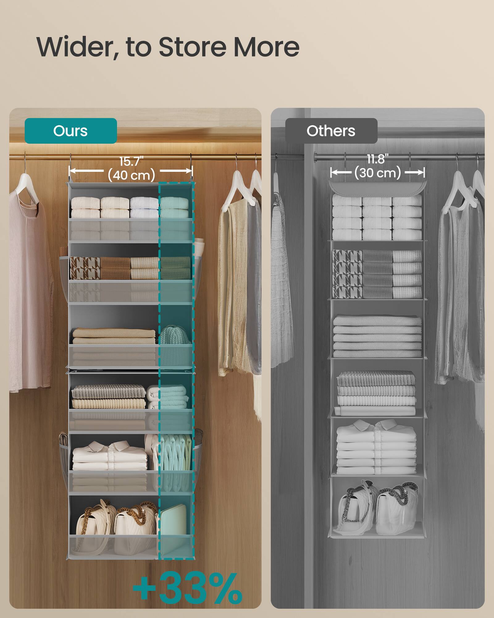 Wider, to Store More

Ours
15.7" (40 cm)

Others
11.8" (30 cm)

+33%