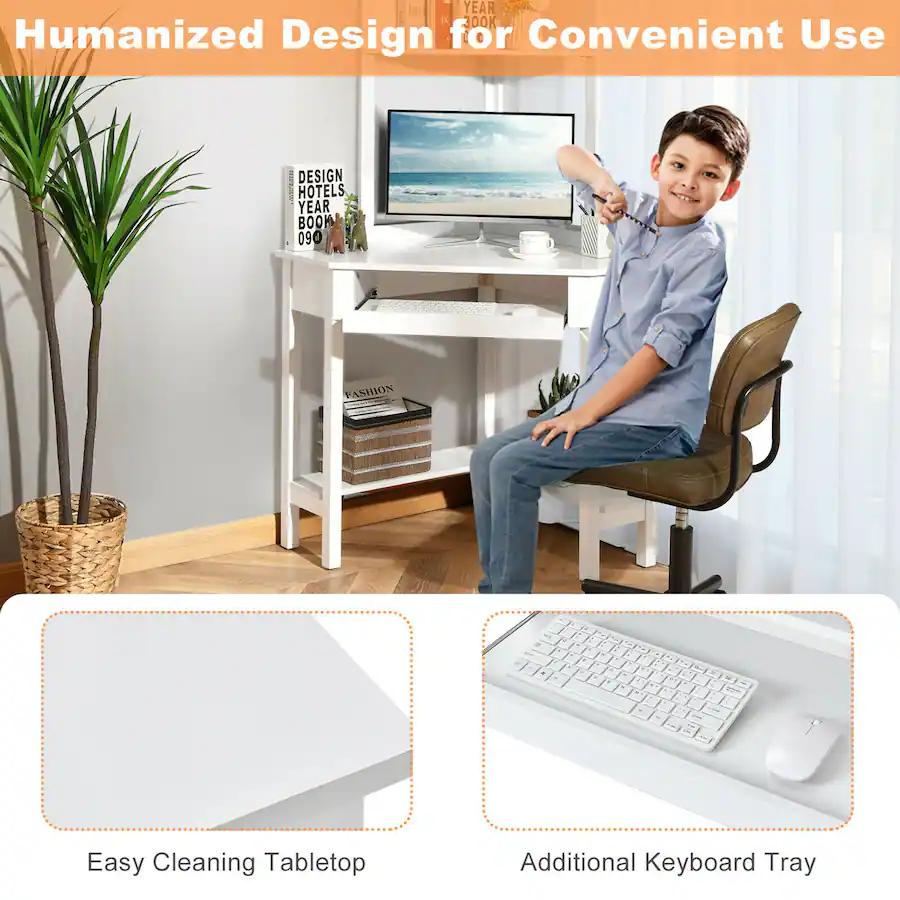 Gymax Corner Computer Desk Triangle Study Desk w/ Hutch & Keyboard Tray ...