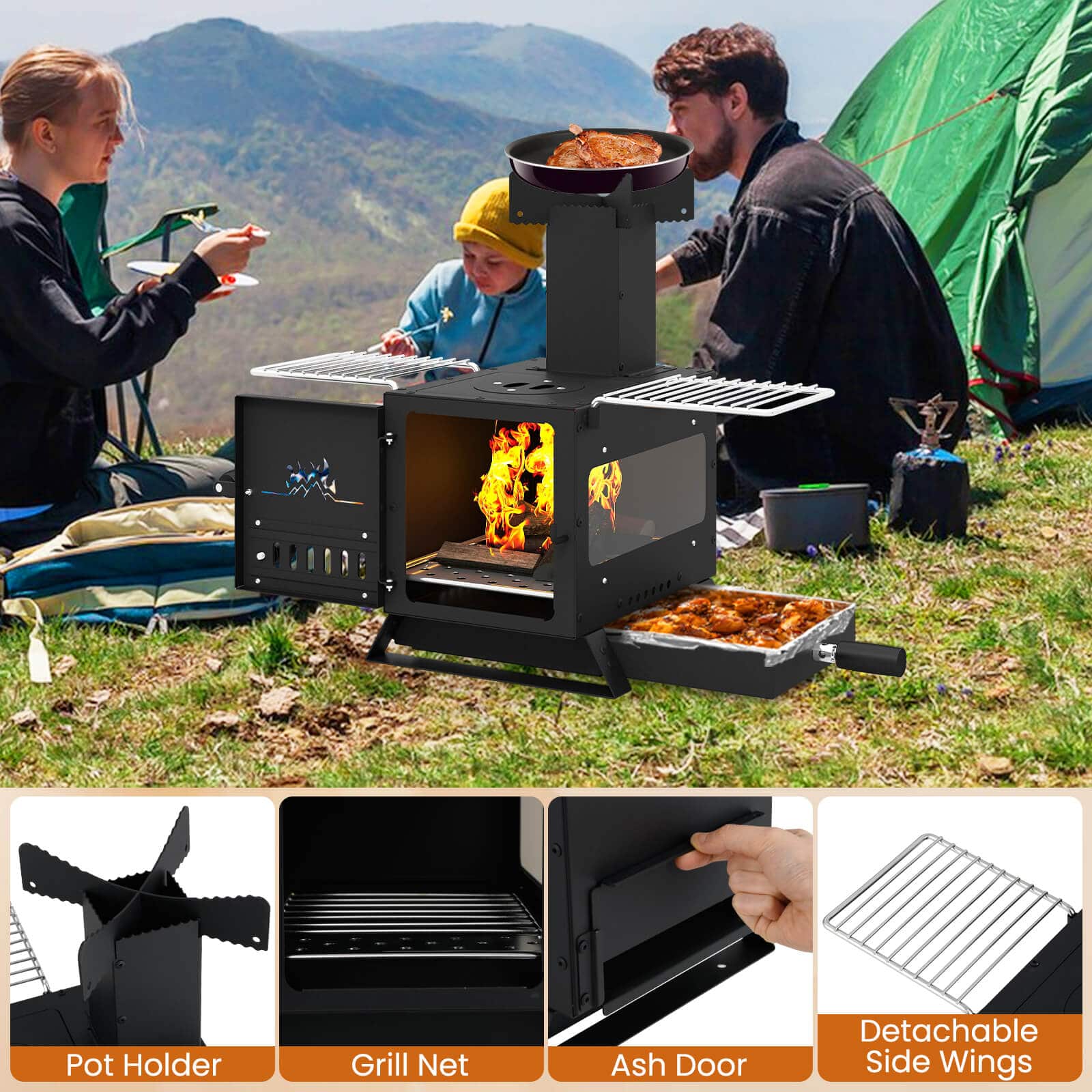 Costway Wood Burning Stove with Heat Resistant Glass Window,Grill