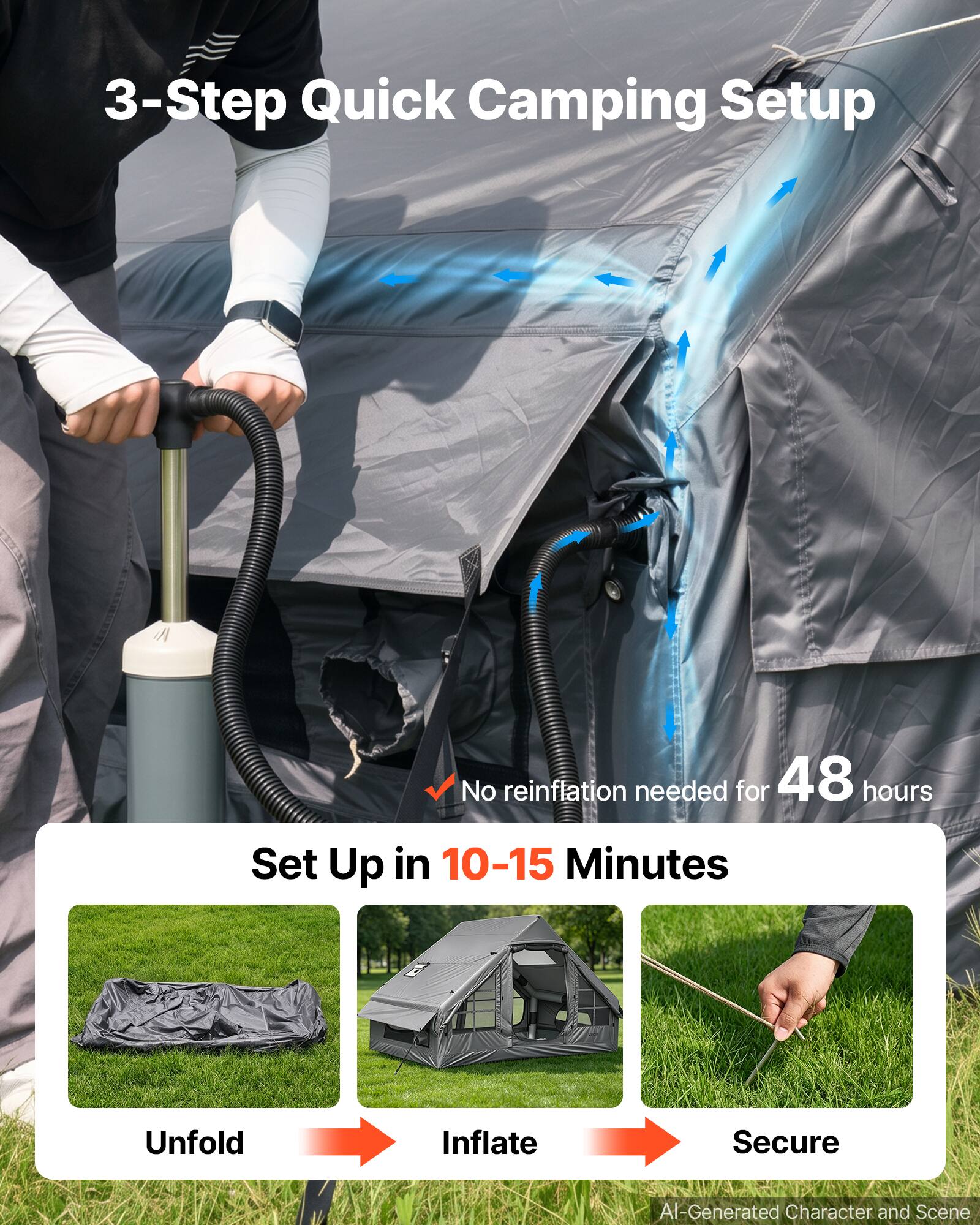 3-Step Quick Camping Setup

No reinflation needed for 48 hours

Set Up in 10-15 Minutes

Unfold
Inflate
Secure

AI-Generated Character and Scene