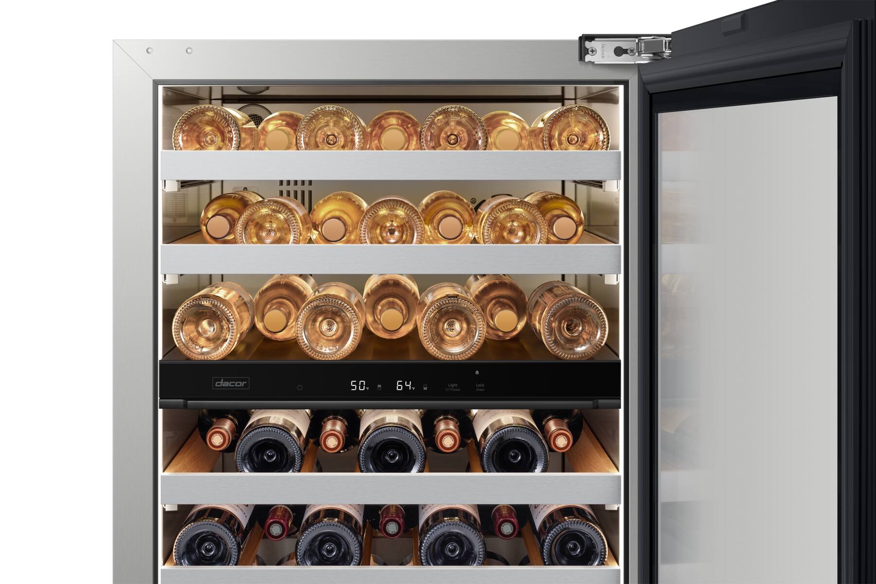 The text on the image reads "Hesich dacor 50. 64. 6 Light - Lark -." This text is likely a description or label for the wine bottles stored in the refrigerator. The text is grouped as follows:

1. Hesich dacor: This could be the name of a wine brand or a winery.
2. 50, 64, 6: These numbers might represent the wine's vintage, bottle number, or other identifying information.
3. Light - Lark -: This could be a description of the wine's taste, color, or other characteristics.