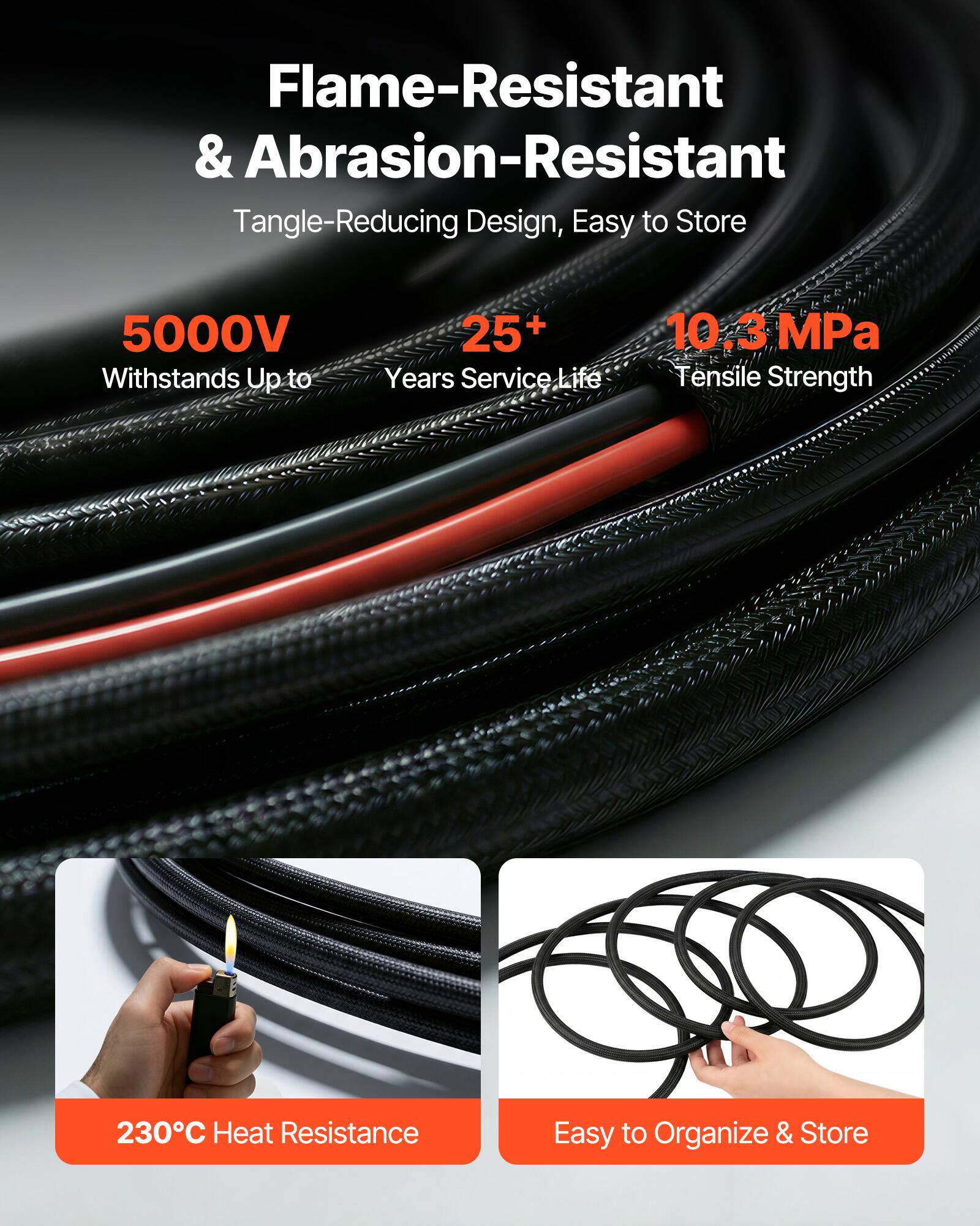 Flame-Resistant & Abrasion-Resistant  
Tangle-Reducing Design, Easy to Store  

5000V  
Withstands Up to 25+ Years Service Life  

10.3 MPa  
Tensile Strength  

230°C Heat Resistance  

Easy to Organize & Store