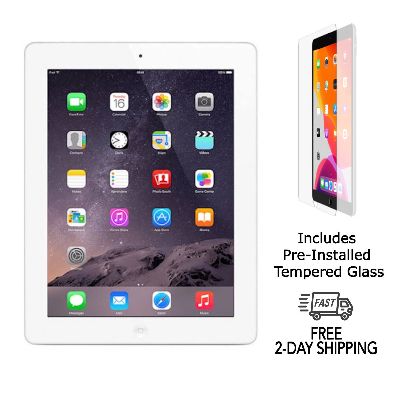 16 Camera  
Videos  
Photo Booth  
Game Center  
1 A Smire Ape Shore Books  

Includes Pre-Installed Tempered Glass  

FAST FREE 2-DAY SHIPPING