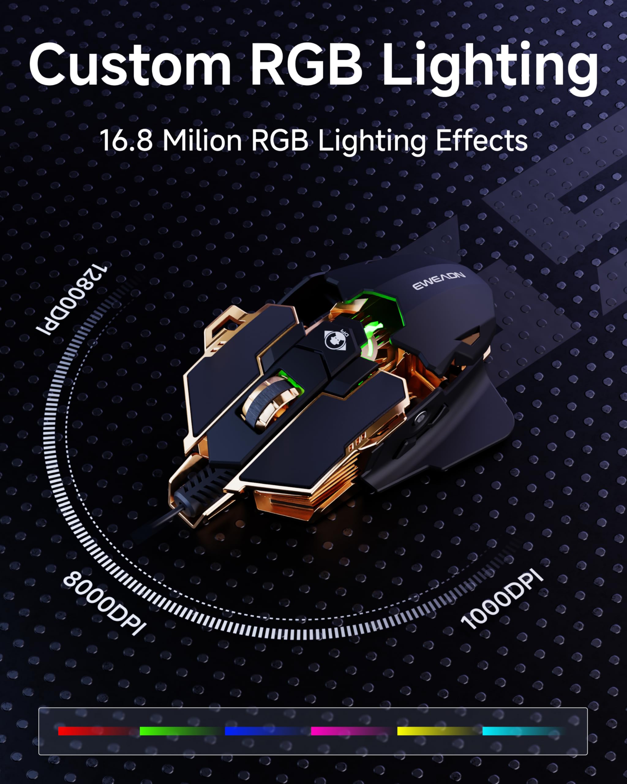 Custom RGB Lighting  
16.8 Million RGB Lighting Effects  

12800DPI  
8000DPI  
10000DPI