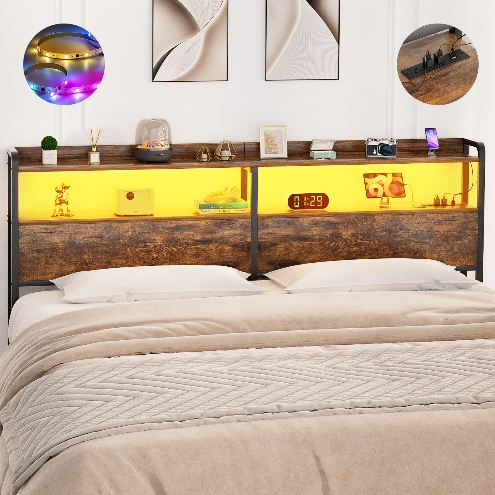 Aheaplus - Queen Headboard Only, Headboard with Power Outlets and LED Lights for Queen Size Bed, Easy Assembly - Brown