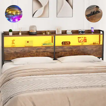 Front. Aheaplus - Full Headboard Only, Headboard with Power Outlets and LED Lights for Full Size Bed, Easy Assembly - Brown.