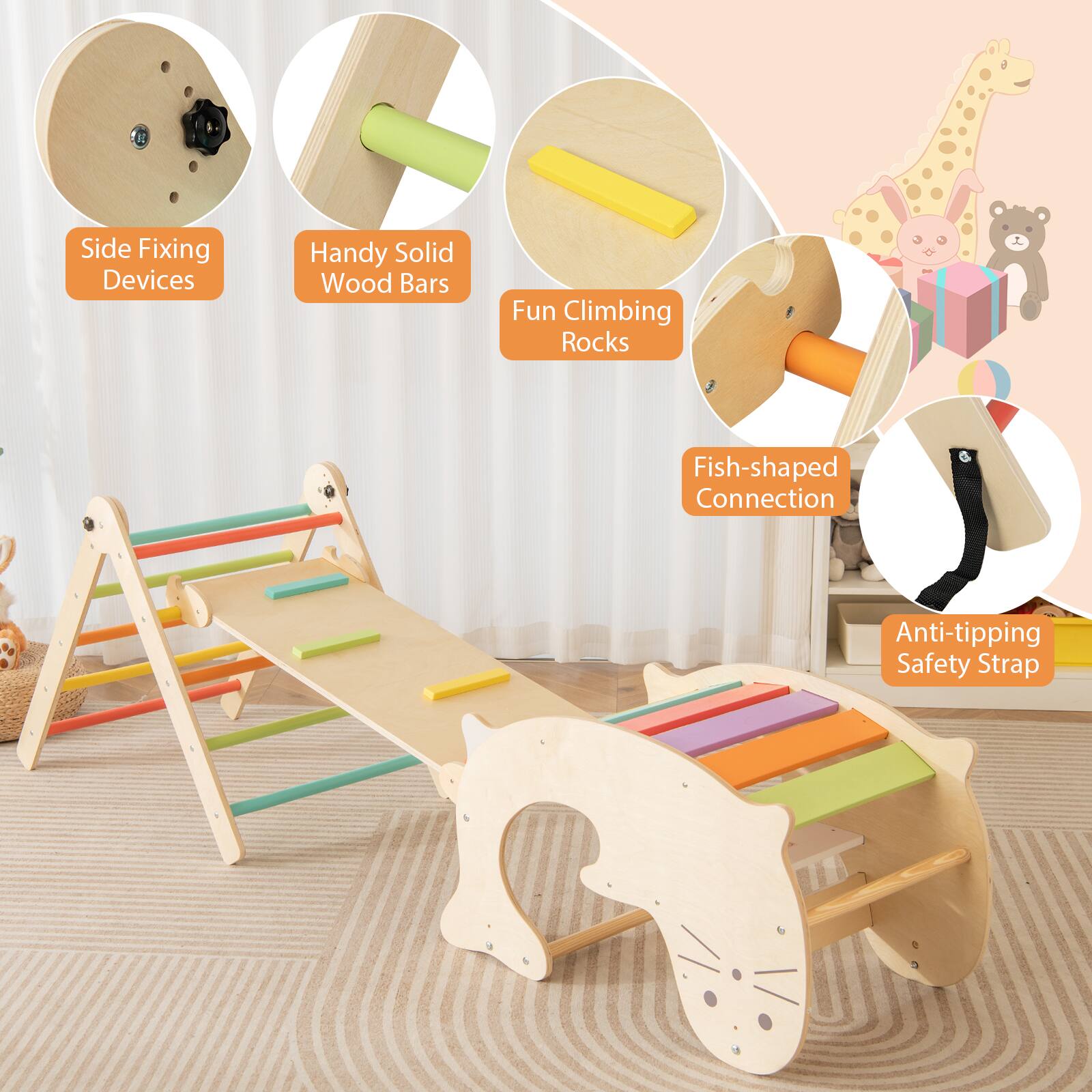 - Side Fixing Devices
- Handy Solid Wood Bars
- Fun Climbing Rocks
- Fish-shaped Connection
- Anti-tipping Safety Strap