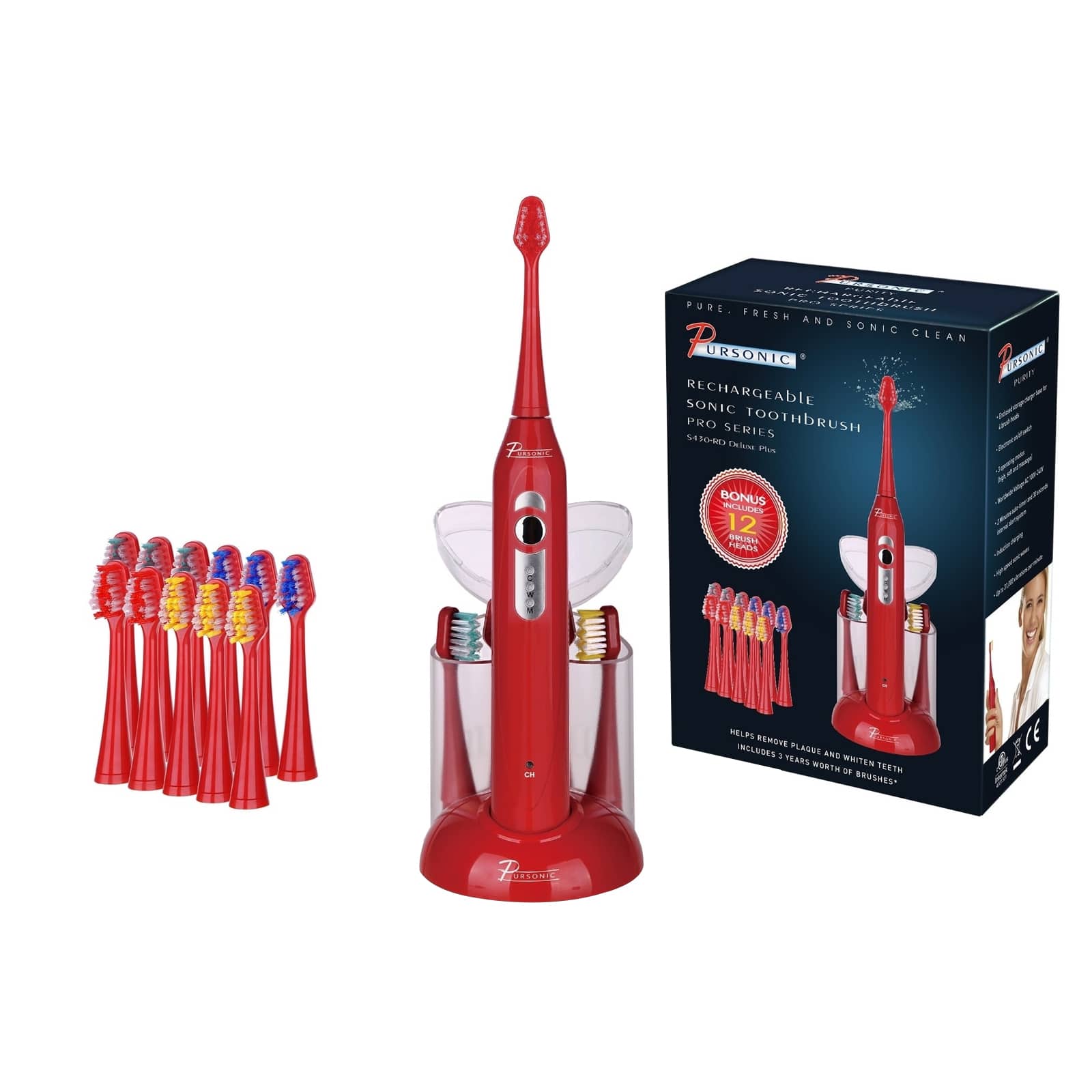 Pursonic - 15-Piece Electric Sonic Toothbrush - Red