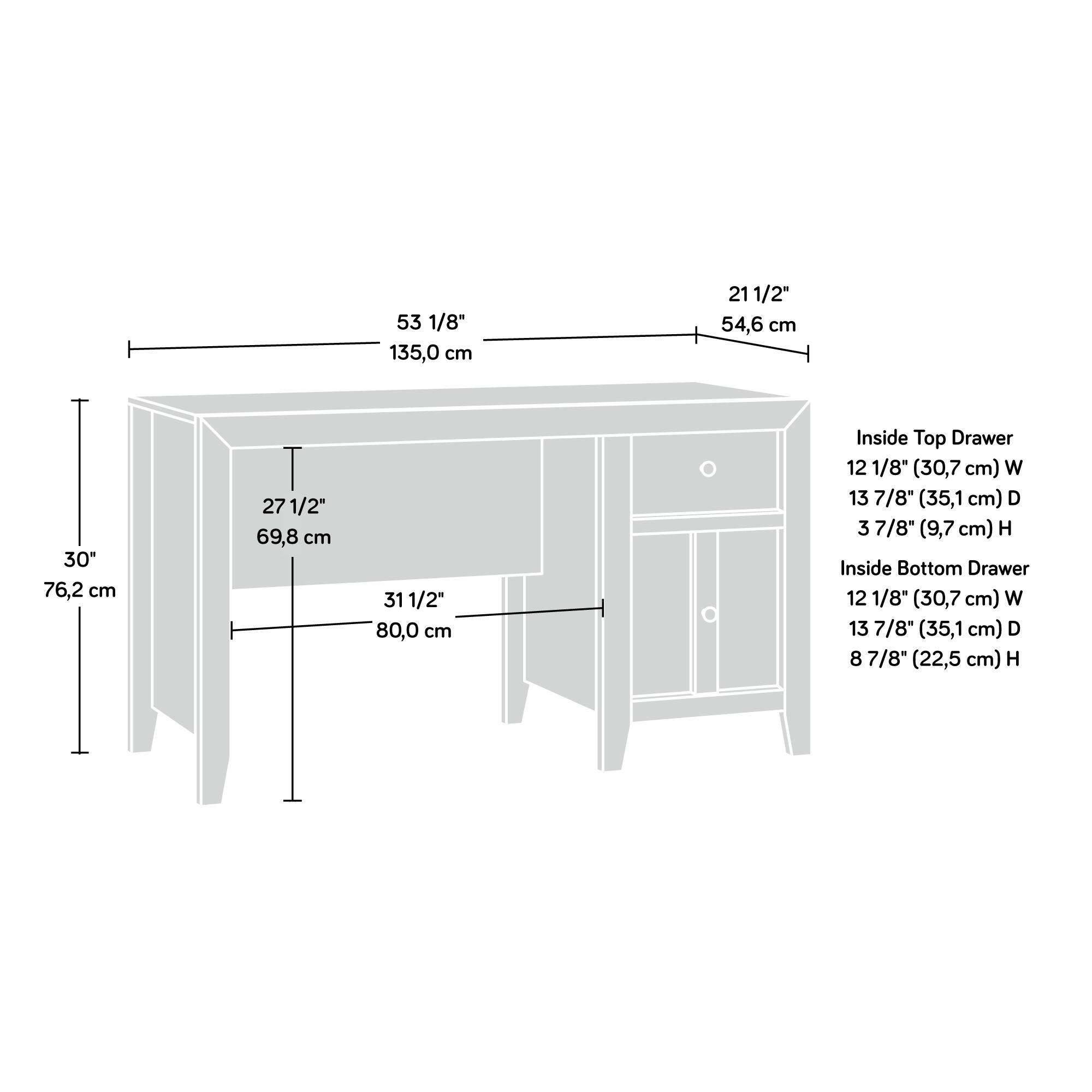53 1/8" (135,0 cm)  
21 1/2" (54,6 cm)  
30" (76,2 cm)  
27 1/2" (69,8 cm)  
31 1/2" (80,0 cm)  

Inside Top Drawer:  
12 1/8" (30,7 cm) W  
13 7/8" (35,1 cm) D  
3 7/8" (9,7 cm) H  

Inside Bottom Drawer:  
12 1/8" (30,7 cm) W  
13 7/8" (35,1 cm) D  
8 7/8" (22,5 cm) H