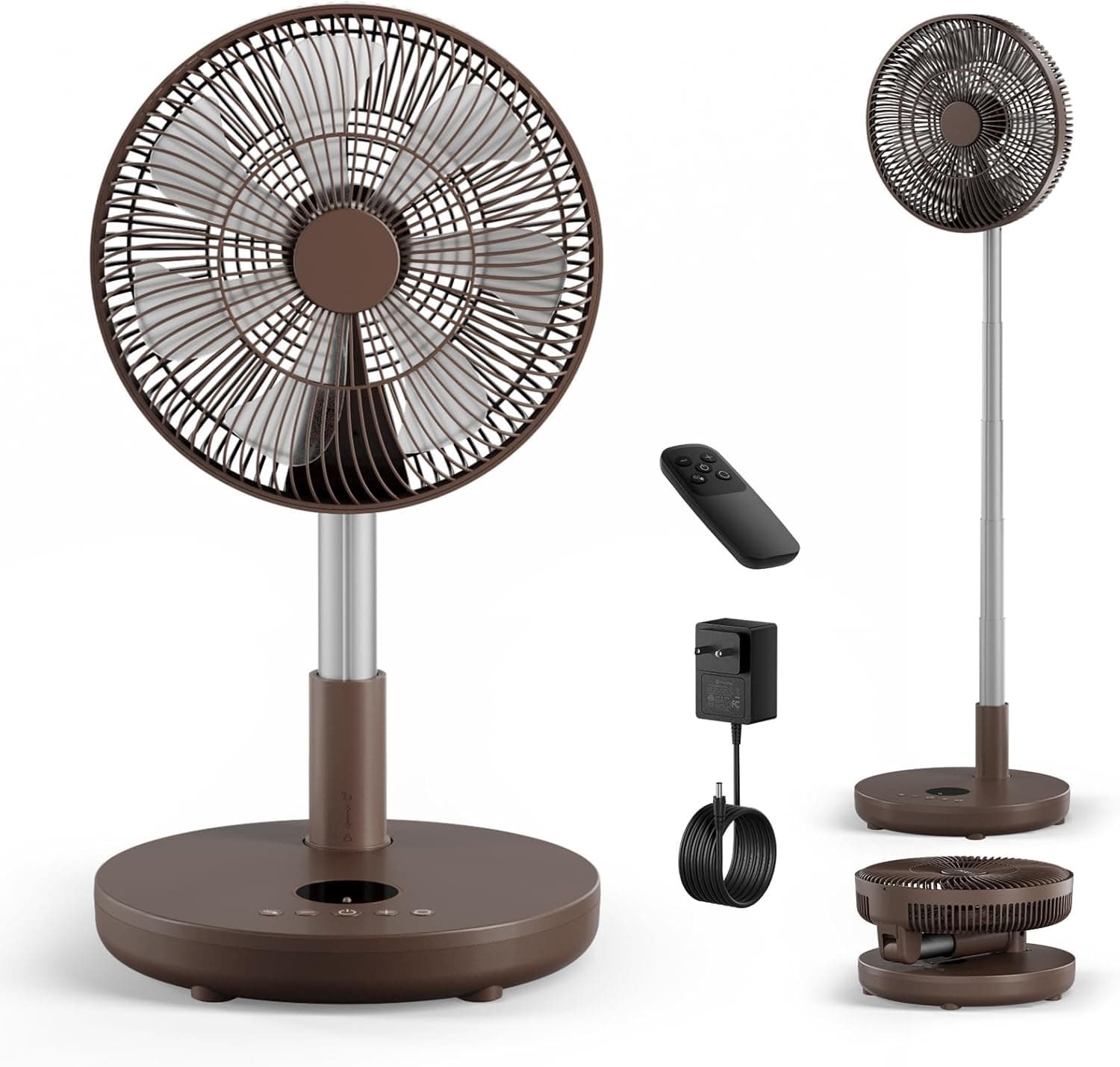 Front. FINEAK - 12" Foldable Rechargeable Pedestal Fan with Remote | 12000mAh Coffee.