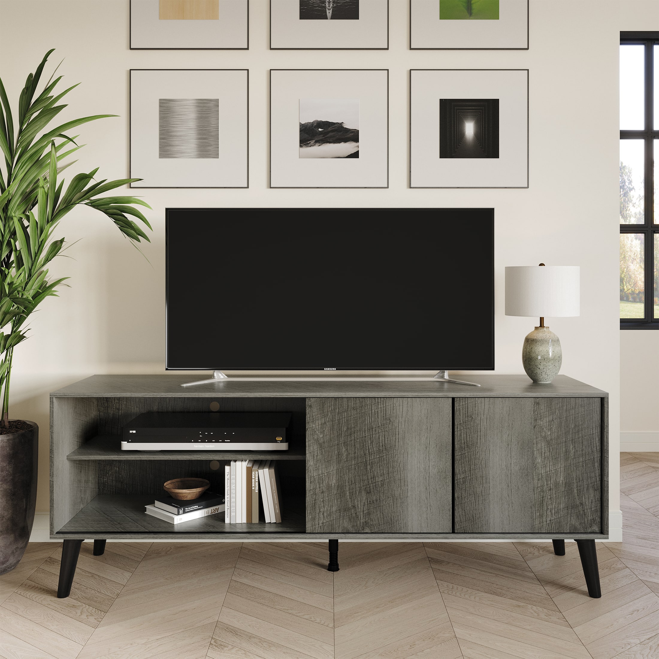 Front. ChaletPosh - Modern Minimalist TV Console in Wood Finish with Sliding Doors, Grey - Grey.