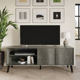 ChaletPosh - Modern Minimalist TV Console in Wood Finish with Sliding Doors, Grey - Gray