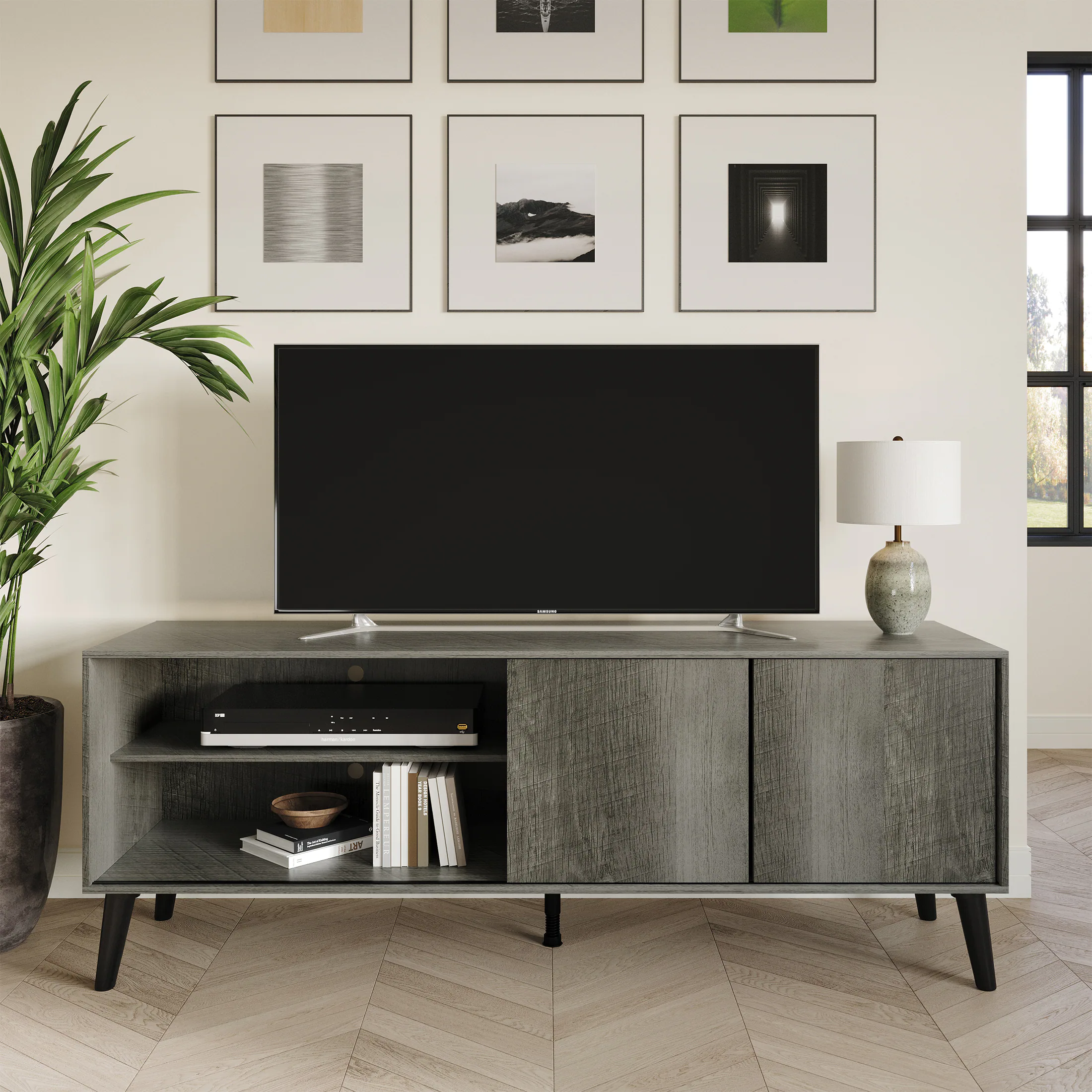 Front. ChaletPosh - Modern Minimalist TV Console in Wood Finish with Sliding Doors, Grey - Grey.