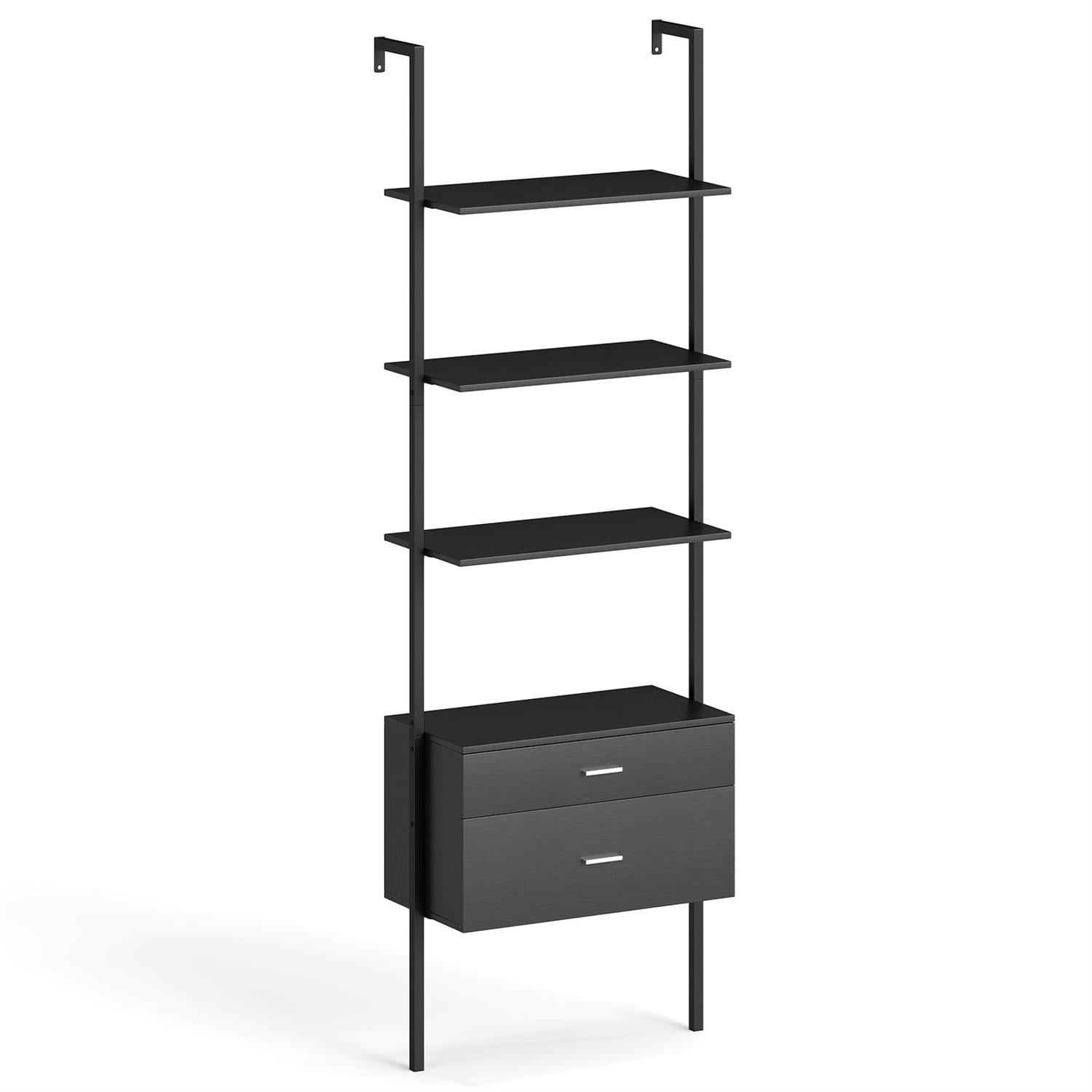 Left. Pefilos - 6-Tier Ladder Bookcase - Metal Frame Raised Legs, 2 Drawers Home Office Organizer, Black - Black.