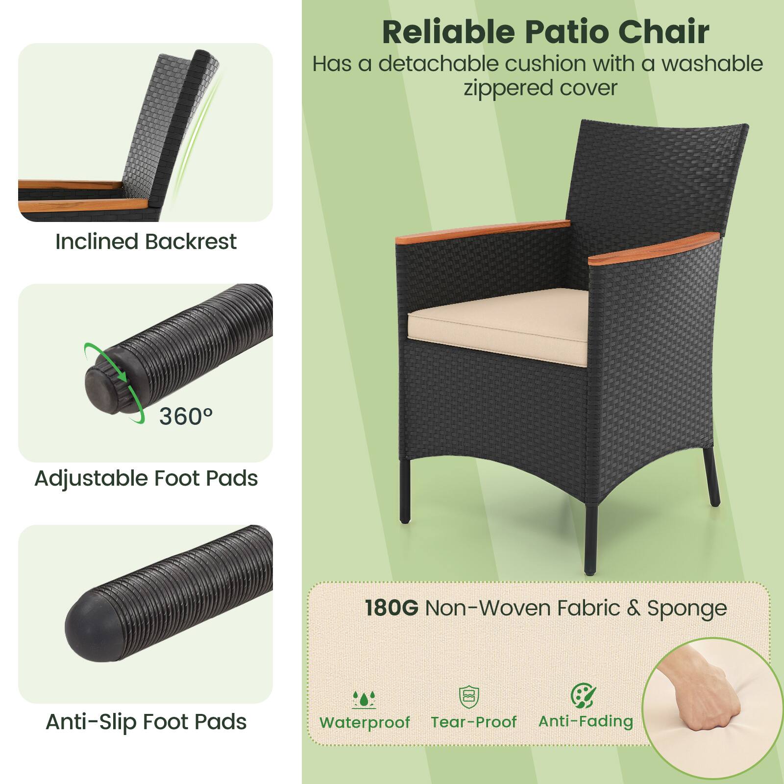 Reliable Patio Chair

- Has a detachable cushion with a washable zippered cover
- Inclined Backrest
- 360° Adjustable Foot Pads
- 180G Non-Woven Fabric & Sponge
- Waterproof
- Tear-Proof
- Anti-Fading
