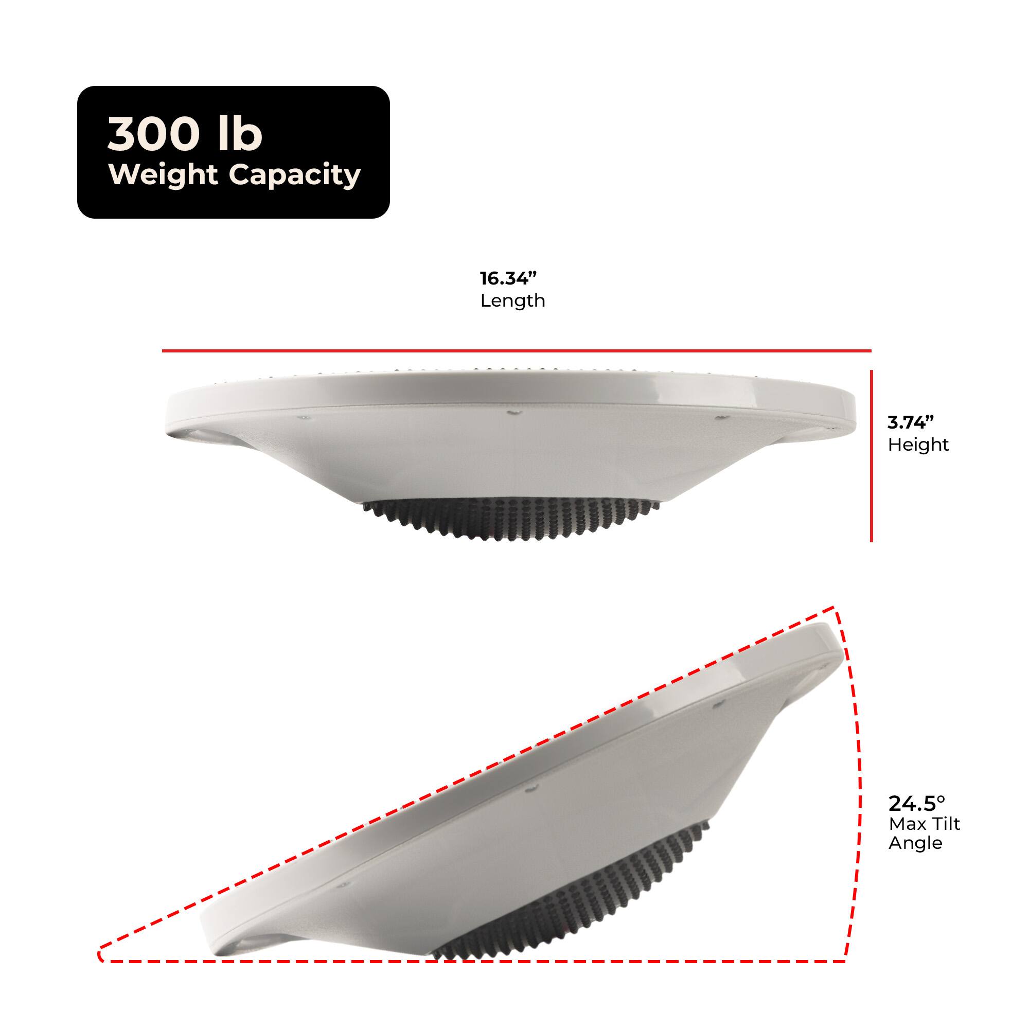 300 lb Weight Capacity  
16.34" Length  
3.74" Height  
24.5° Max Tilt Angle