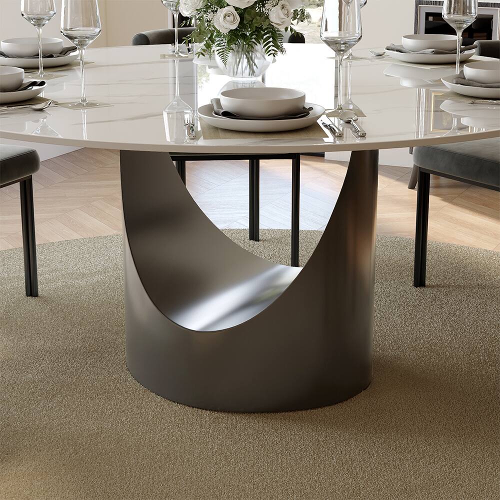 POVISON 59" Modern Round Dining Table for 6 White Glossy Sintered Stone ...