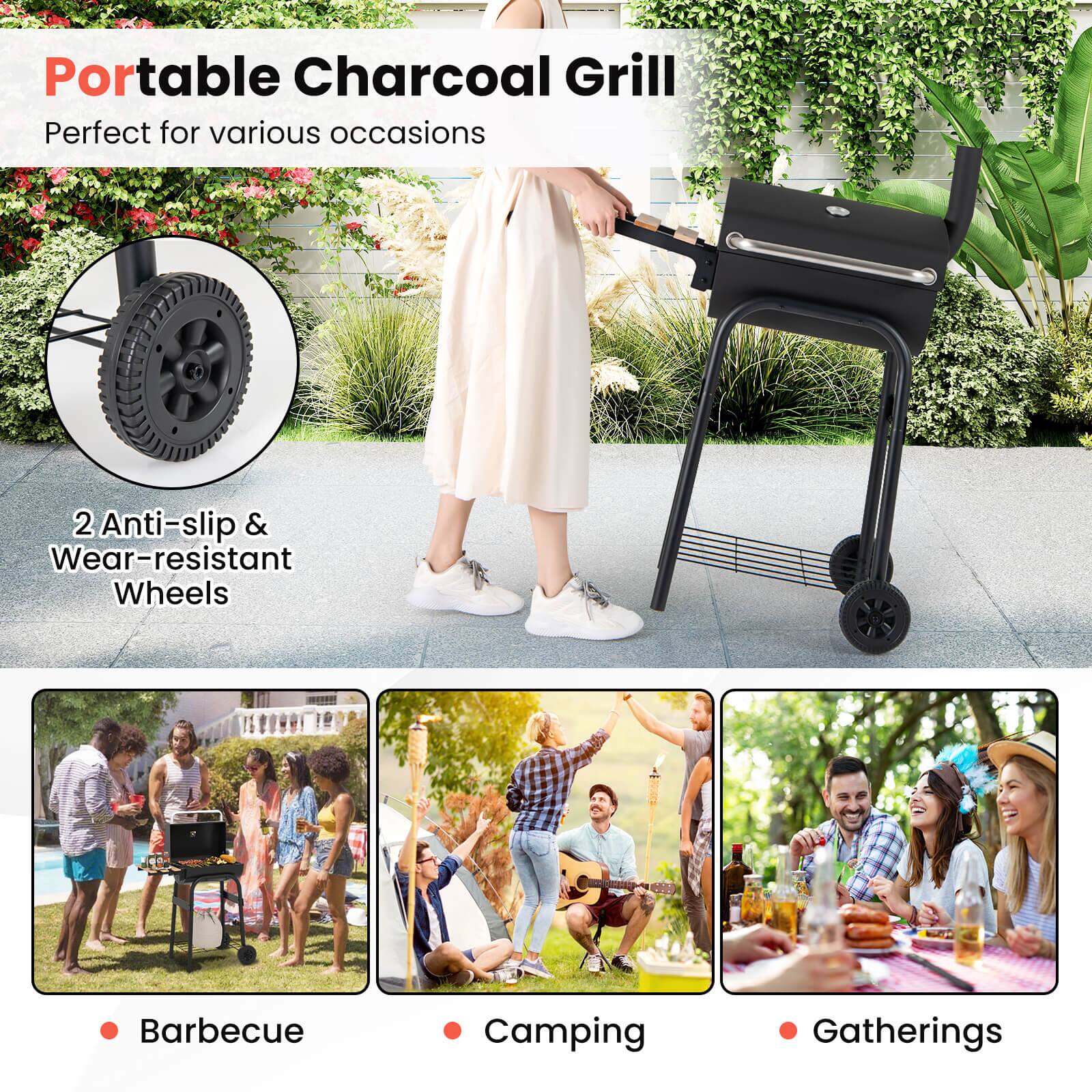 Portable Charcoal Grill  
Perfect for various occasions  

2 Anti-slip & Wear-resistant Wheels  

- Barbecue  
- Camping  
- Gatherings
