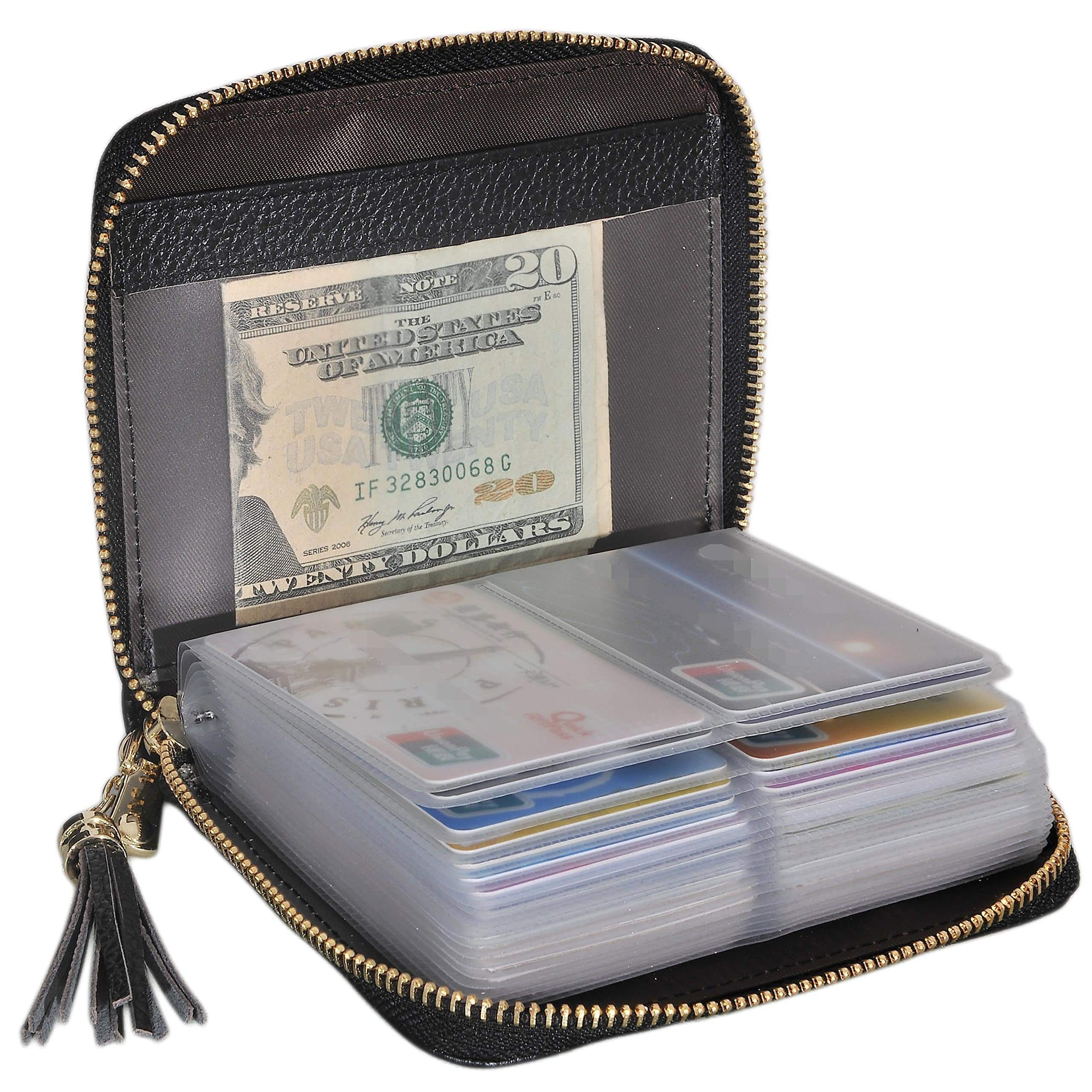 Jadie Link - Womens Credit Card Holder Wallet Zip Leather Case Rfid Blocking Material Genuine Cowhide Leather PVC card - Black