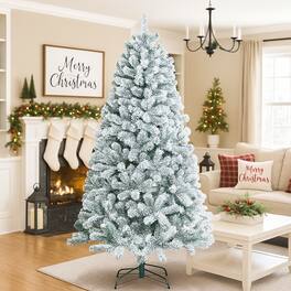 BreeBe - 6/7.5/9 Feet Artificial Snow Flocked Hinged Christmas Tree with Metal Stand - White