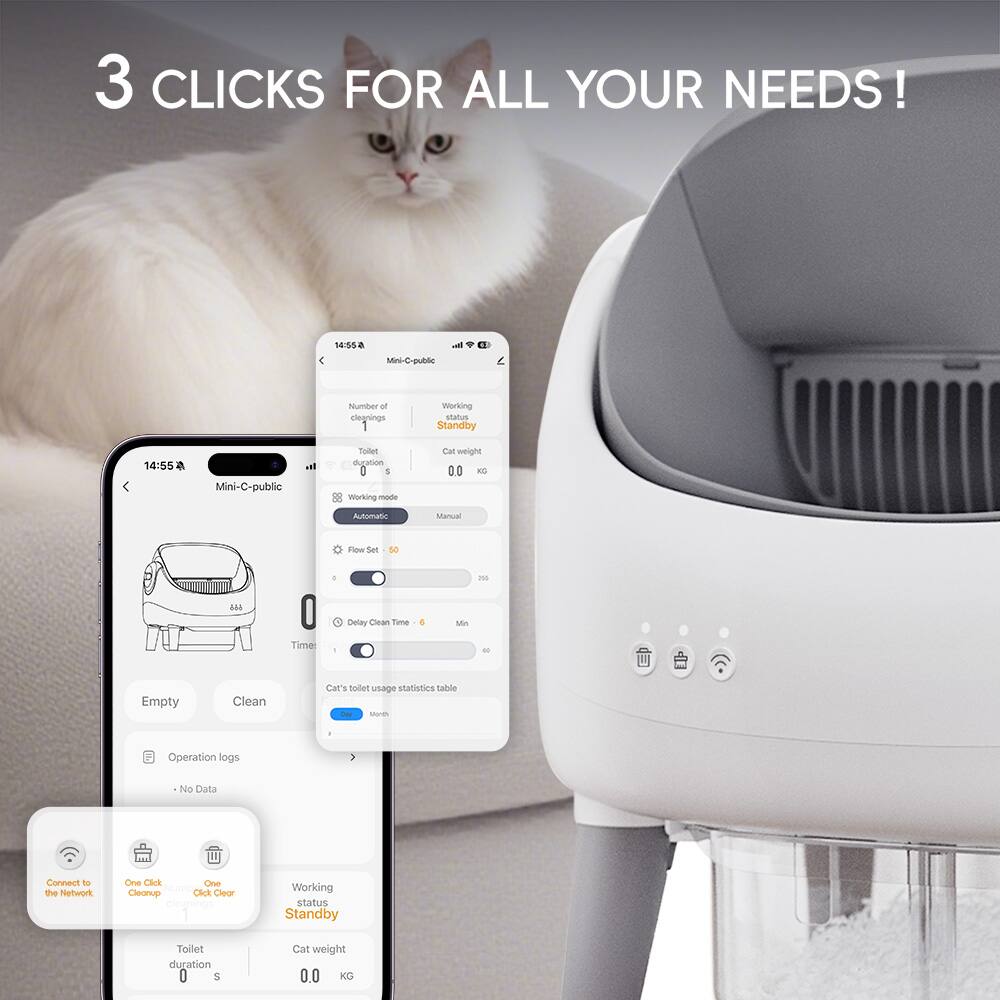 3 CLICKS FOR ALL YOUR NEEDS!  
SE: 58 a Muu Mec-C-public  
Number of cleanings: 1  
Working status: Standby  
Toilet duration: 14:55  
Mini-C-public  
Cat weight: 0.0 KG  
Automatic  
Flow Set: 50  
Delay Clean Time: 6 Min  
Empty  
Clean  
Operation logs: No Data  
Connect to the Network  
One Click Cleanup  
One Click Clear  
Working status: Standby  
Toilet duration: 0 S  
Cat weight: 0.0 KG